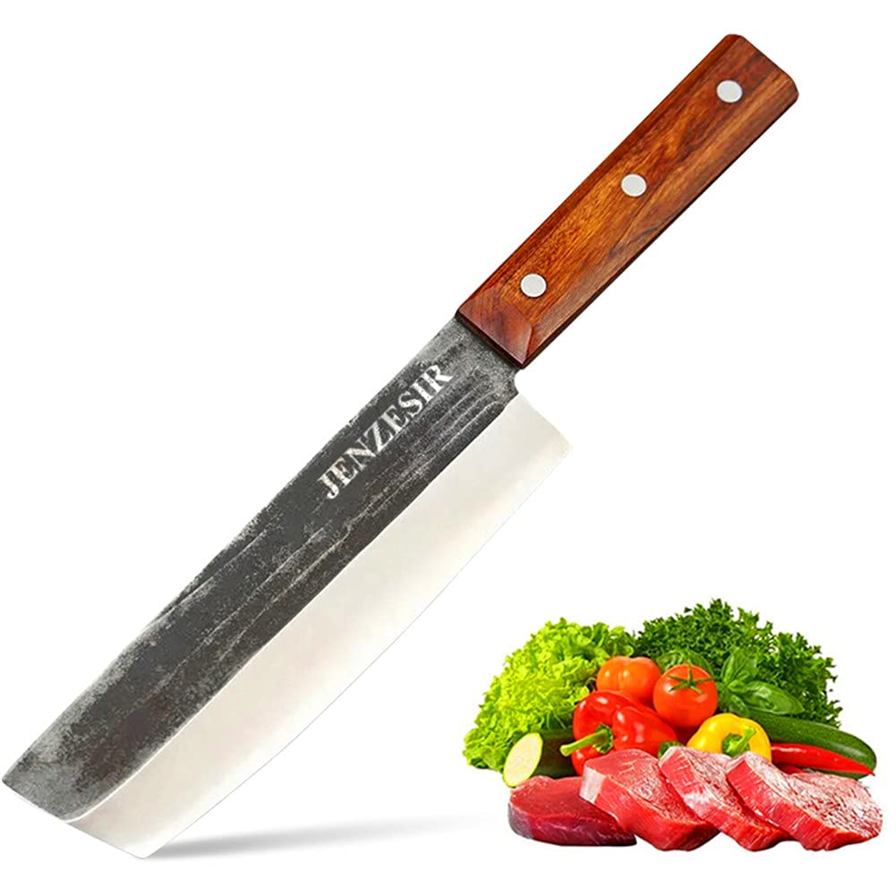 Handmade Forged Nakiri Knife - Ultra Sharp 7 Inch Japanese Chef Knife | 8Cr13MoV Steel Professional Kitchen Cleaver | Multipurpose Gyuto Knife for Home & Restaurant Use | Perfect for Chopping Vegetables, Slicing Meat & Food Prep