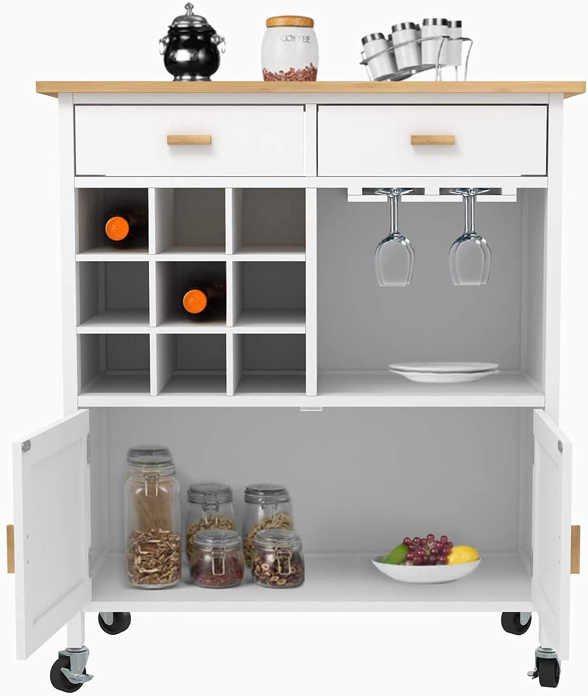 Goujxcy Rolling Kitchen Island with Storage - Mobile Kitchen Cart with Drawer, Door Cabinet & Open Shelf, Large Trolley for Dining Room, Perfect for Small Spaces & Home Organization