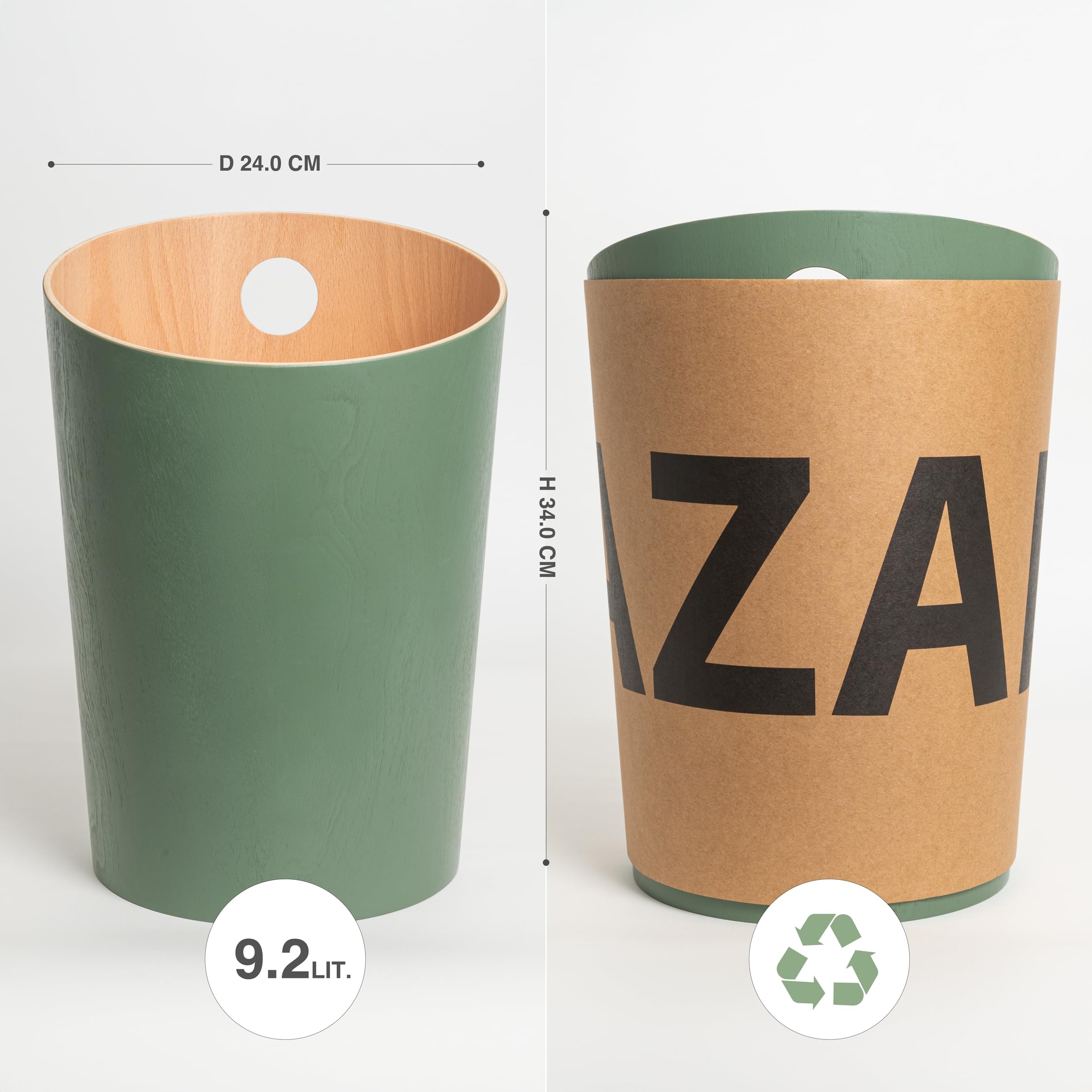 Kazai® Bennet Office Waste Bin - Real Wood Veneer Trash Can for Home, Bedroom, Kids Room & Office - Eco-Friendly Green Desk Garbage Basket | Perfect for Workspaces, Nurseries & Home Decor