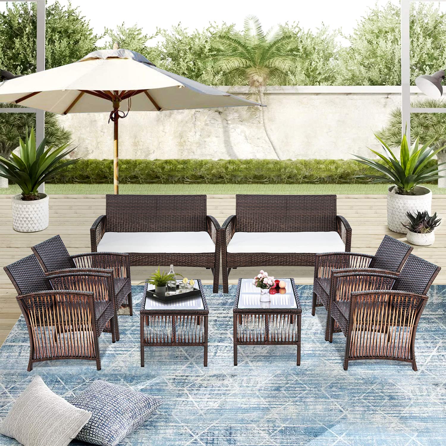 8-Piece Outdoor Rattan Patio Furniture Set - Wicker Sofa, Chairs & Table for Garden, Backyard, Porch, Poolside (Brown) | Perfect for Relaxing, Entertaining & Outdoor Dining