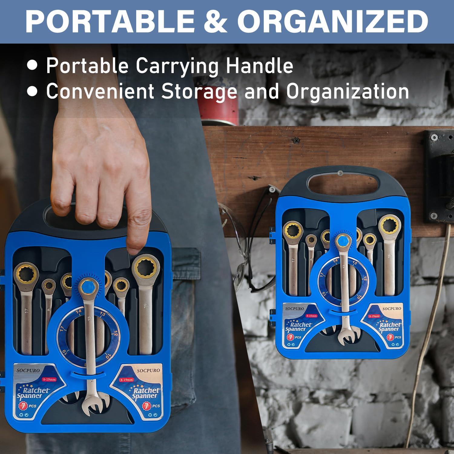 7-Piece Ratcheting Combination Wrench Set (8-19mm) - Metric Chrome Vanadium Steel Spanner with 72-Tooth Gear Ring & Storage Rack - Perfect for Automotive Repair, DIY Projects, and Home Maintenance