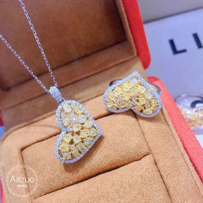 18K White Gold Real Yellow Diamond Heart Necklace Set for Women - 18 Inch Au750 Chain - Perfect Gift for Anniversaries, Valentine's Day & Special Occasions