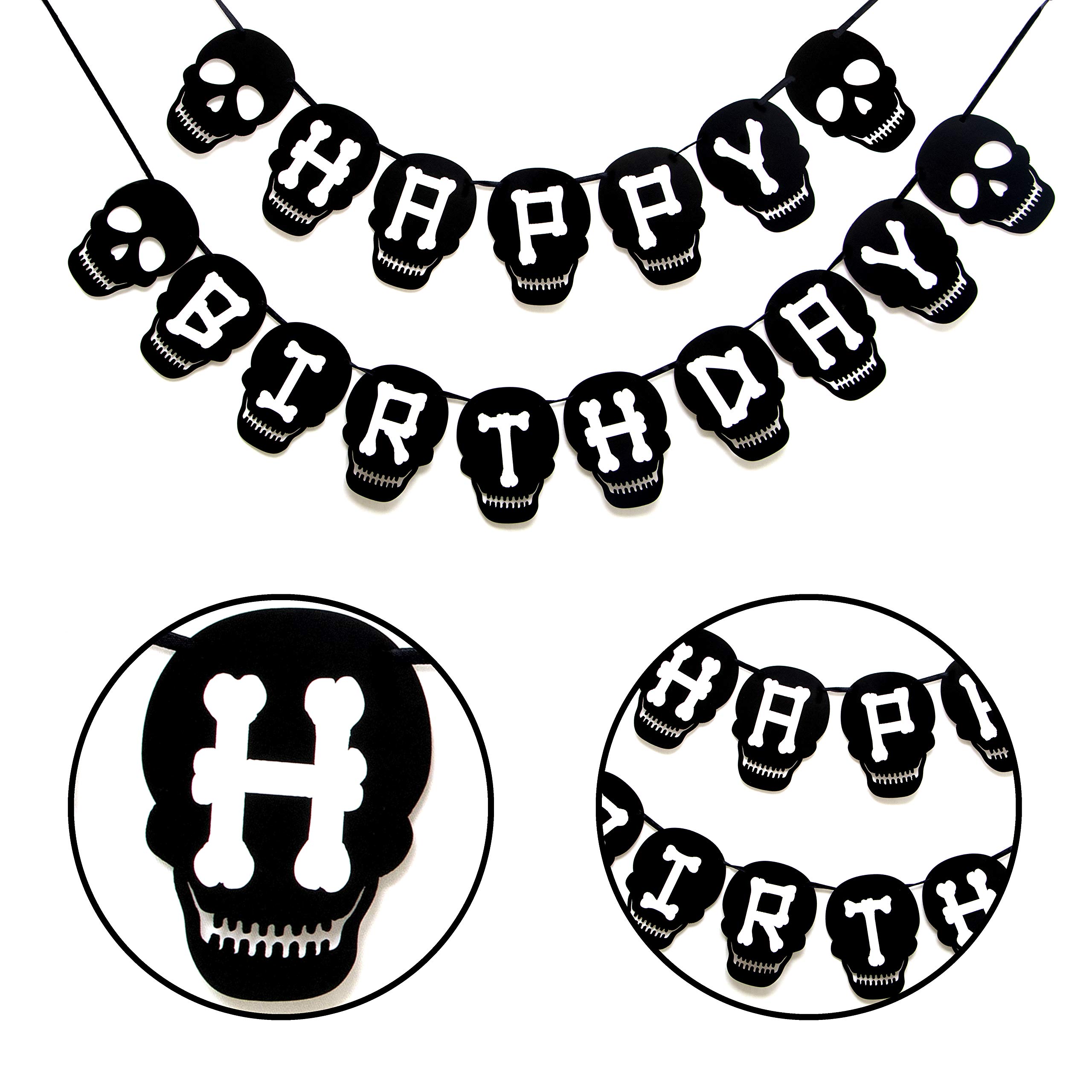 Happy Birthday Banner with Black Skull Design - Party Decorations for Halloween, Gothic & Themed Birthday Celebrations