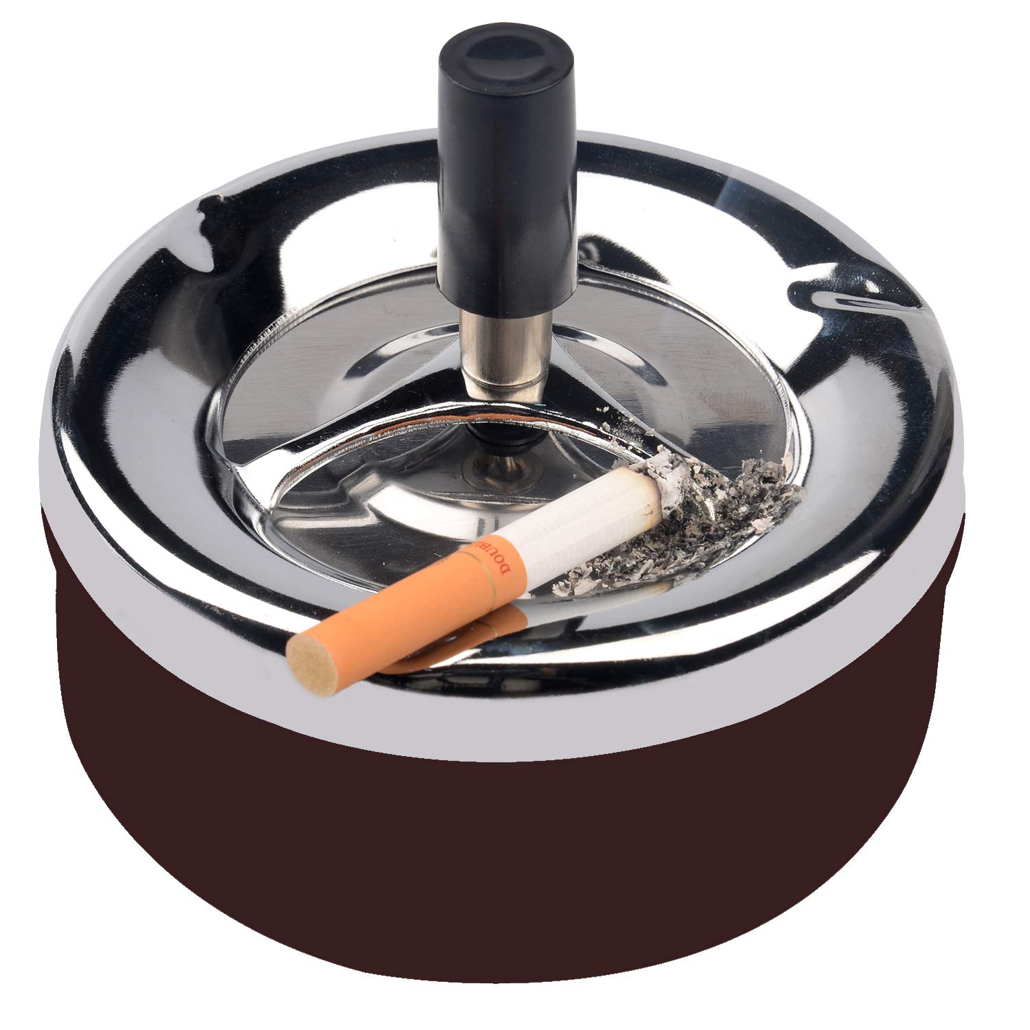 Stainless Steel Modern Round Push Down Tabletop Cigarette Ashtray with Spinning Tray - Indoor & Outdoor Use - Home Office Desktop Smoking Ash Tray (Brown) - Perfect for Patio, Living Room, or Smoking Lounge