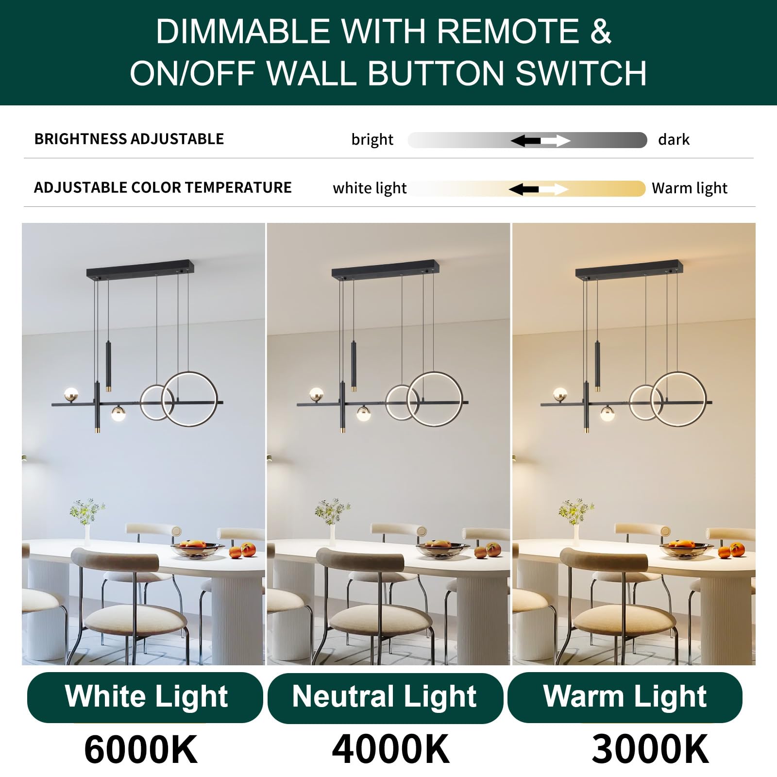 Modern LED Chandelier for Dining Room - Dimmable Black Gold Kitchen Island Pendant Light, Linear Ring Globe Ceiling Fixture | Perfect for Contemporary Home Decor, Restaurant Lighting & Open Concept Spaces