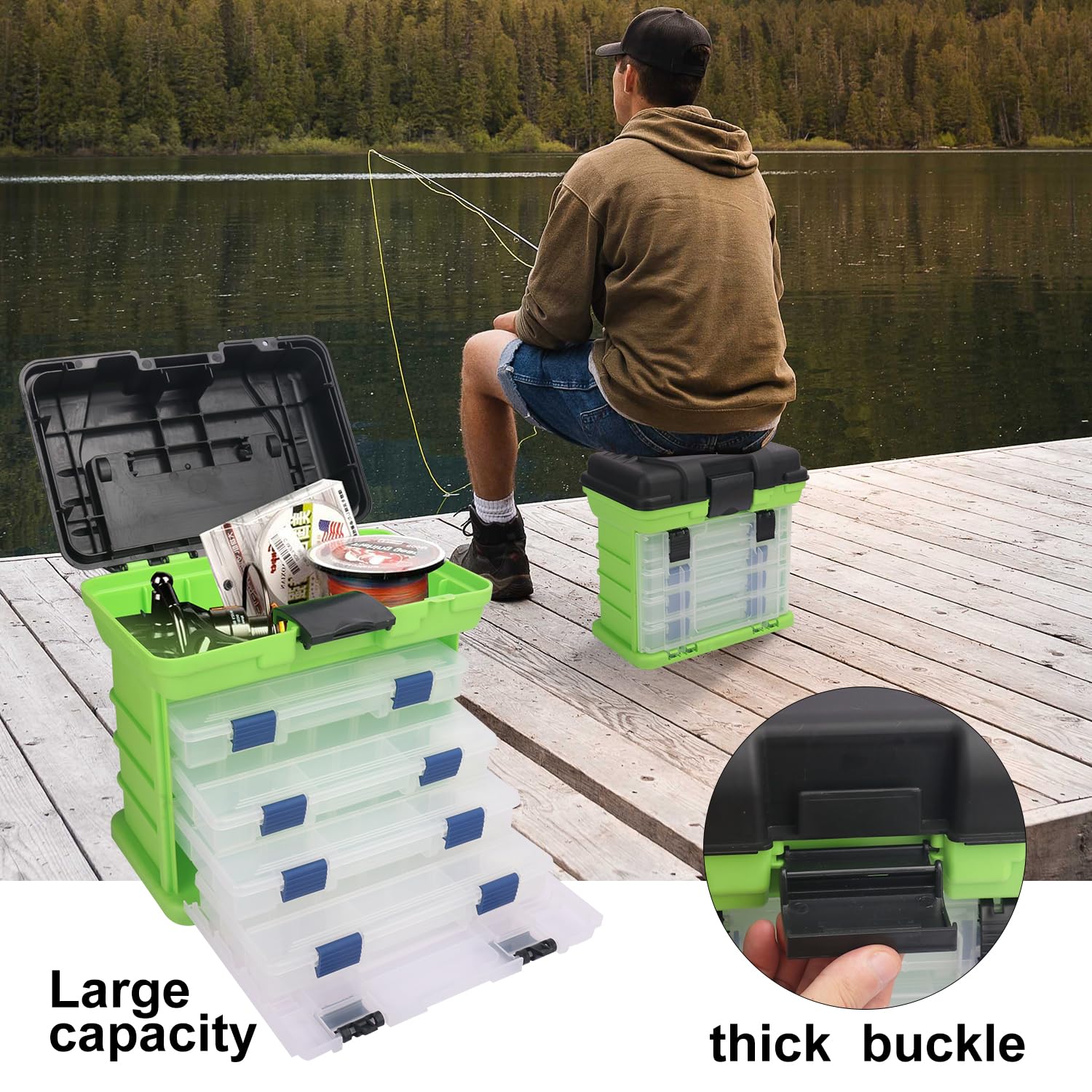 **KUKLIPJIM 4-Layer Fishing Tackle Box with Quick-Access Lid – Durable Storage for Fishing Gear, Hooks, Lures & Accessories (Green) – Perfect for Freshwater & Saltwater Fishing Trips**