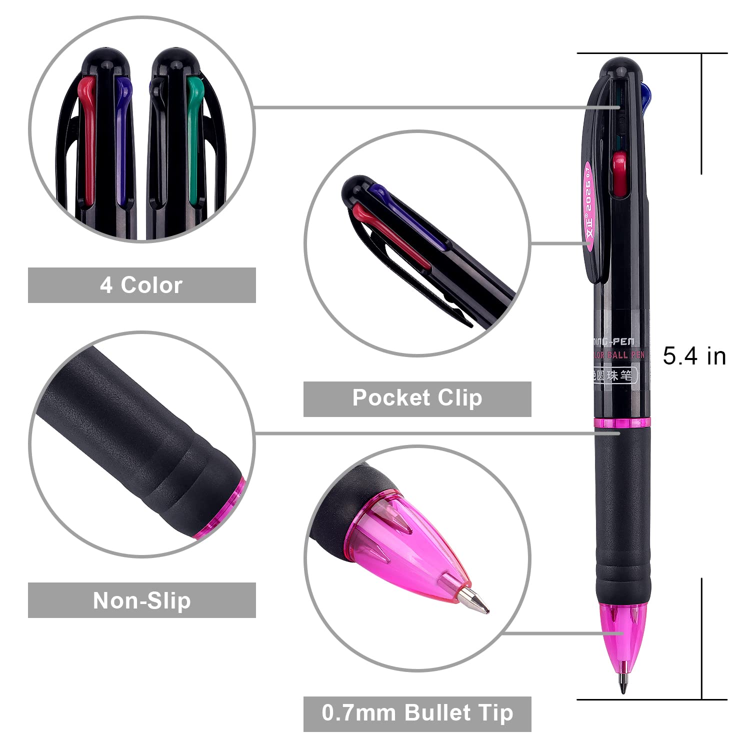 4 Pack Multicolor Ballpoint Pens - 4-in-1 Retractable 0.7mm Colored Pens for Office, School & Students | Perfect Gift for Writing, Note Taking & Journaling