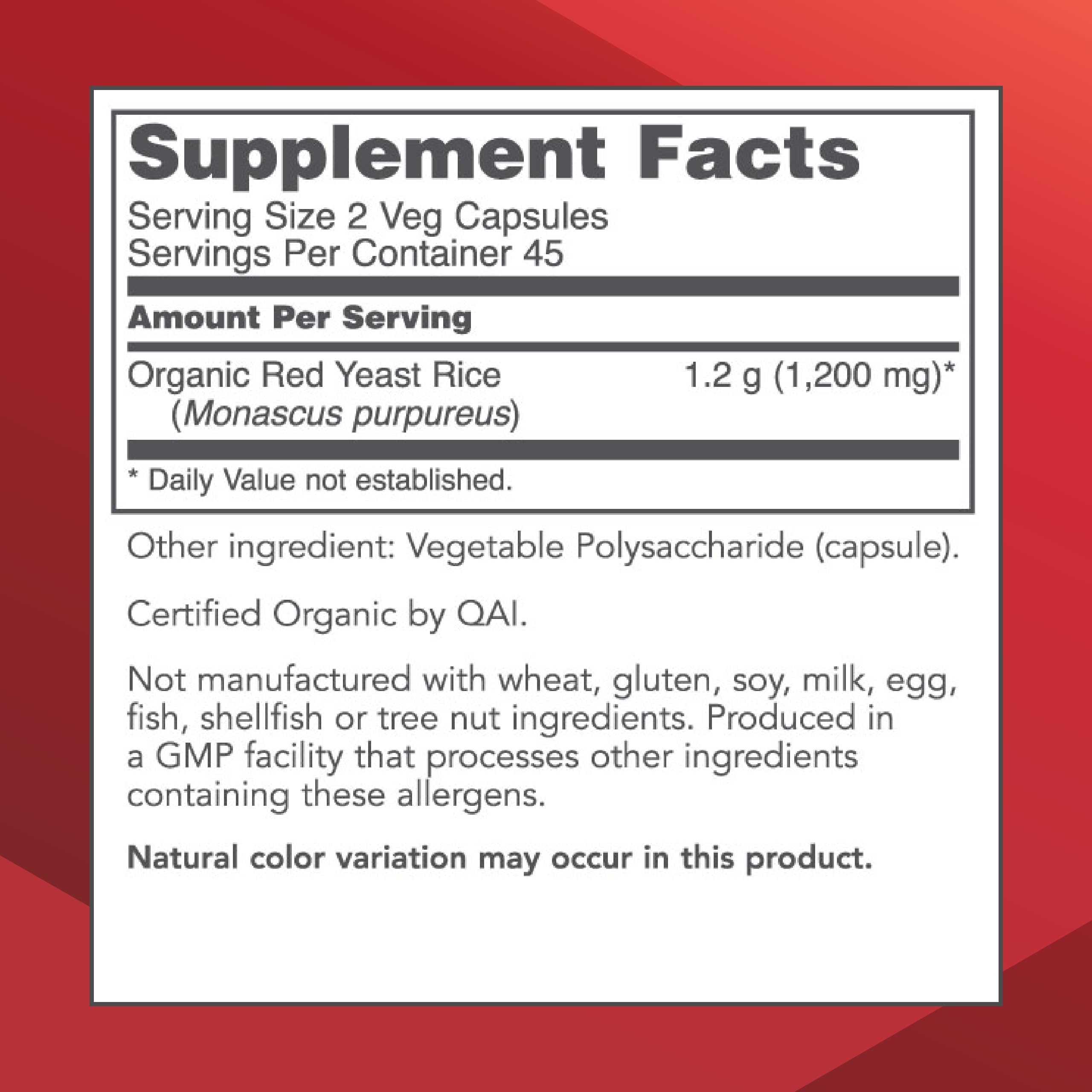 PROTOCOL FOR LIFE BALANCE Organic Red Yeast Rice Supplement 600mg - 90 Vegan Capsules, Dairy-Free & Egg-Free - Supports Heart Health & Cholesterol Balance - Perfect for Daily Wellness Routine
