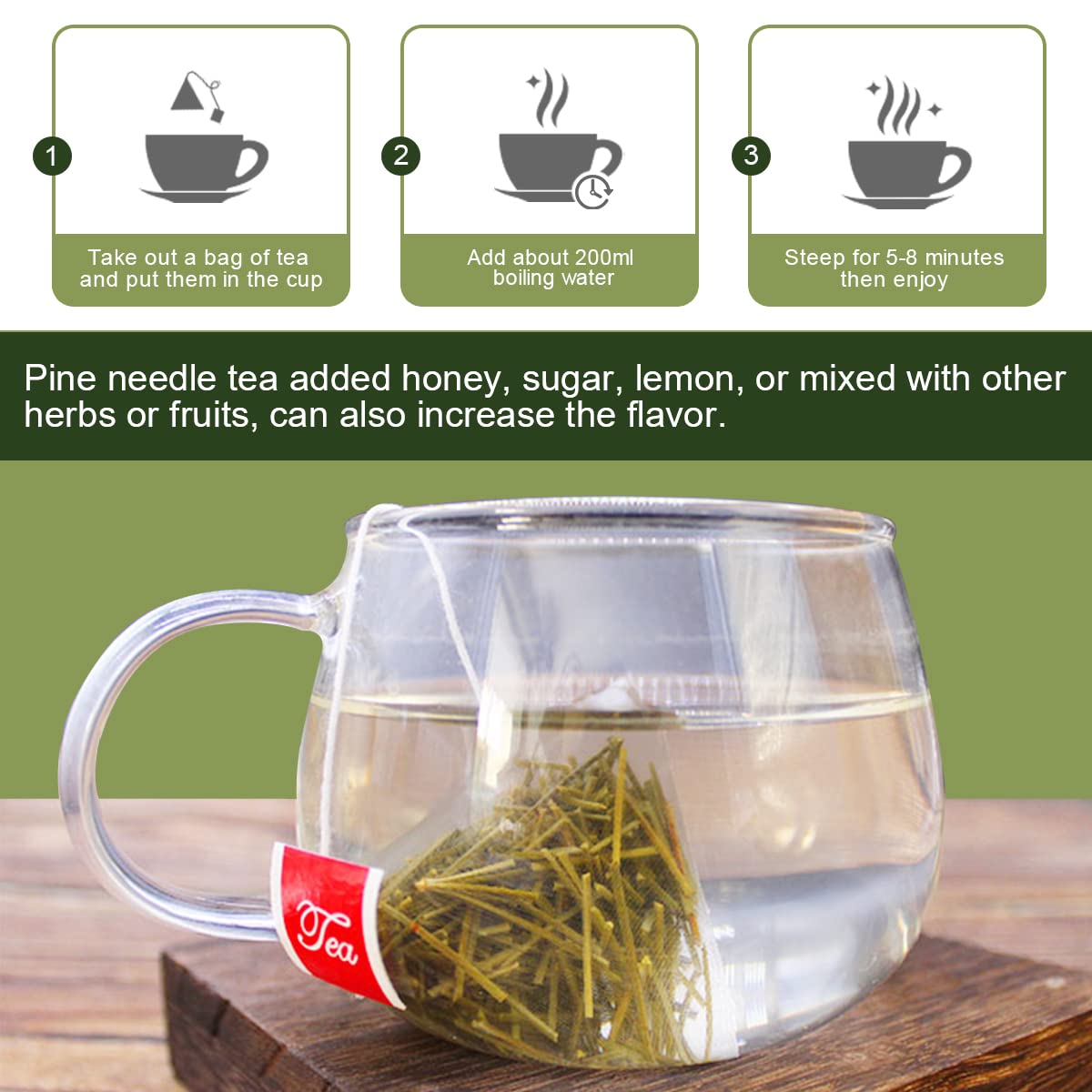 Organic Pine Needle Tea Bags - 100% Pure Natural Dried Pine Needles Herbal Tea for Antioxidant & Immune Support | Caffeine-Free, 20 Count | Perfect for Relaxation, Detox & Wellness Rituals