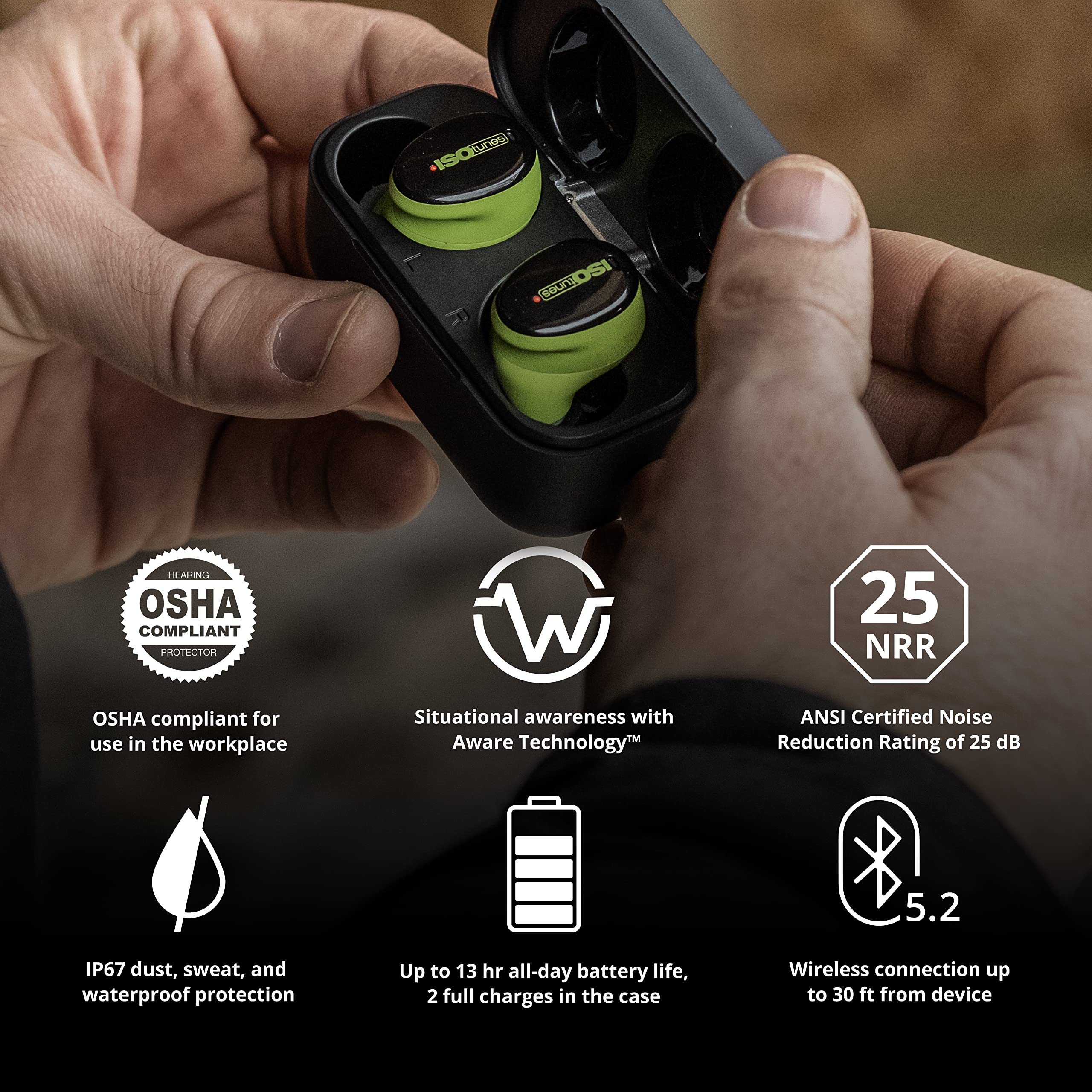 ISOtunes Free Aware Wireless Bluetooth Earbuds with Hearing Protection & Audio Passthrough - Noise Cancelling Earphones for Work, Construction, and Outdoor Activities