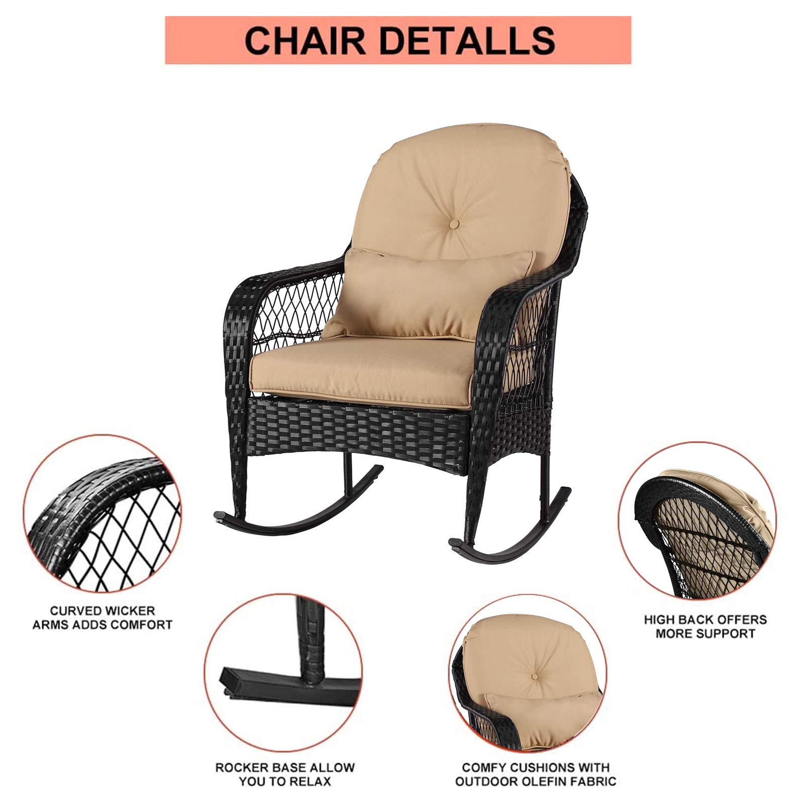 All-Weather Wicker Rocking Chair for Outdoor Use - Patio, Garden, Porch, Balcony & Backyard Furniture with Comfortable Cushions (1PC, Khaki) - Perfect for Relaxing, Sunbathing & Reading in Your Outdoor Space