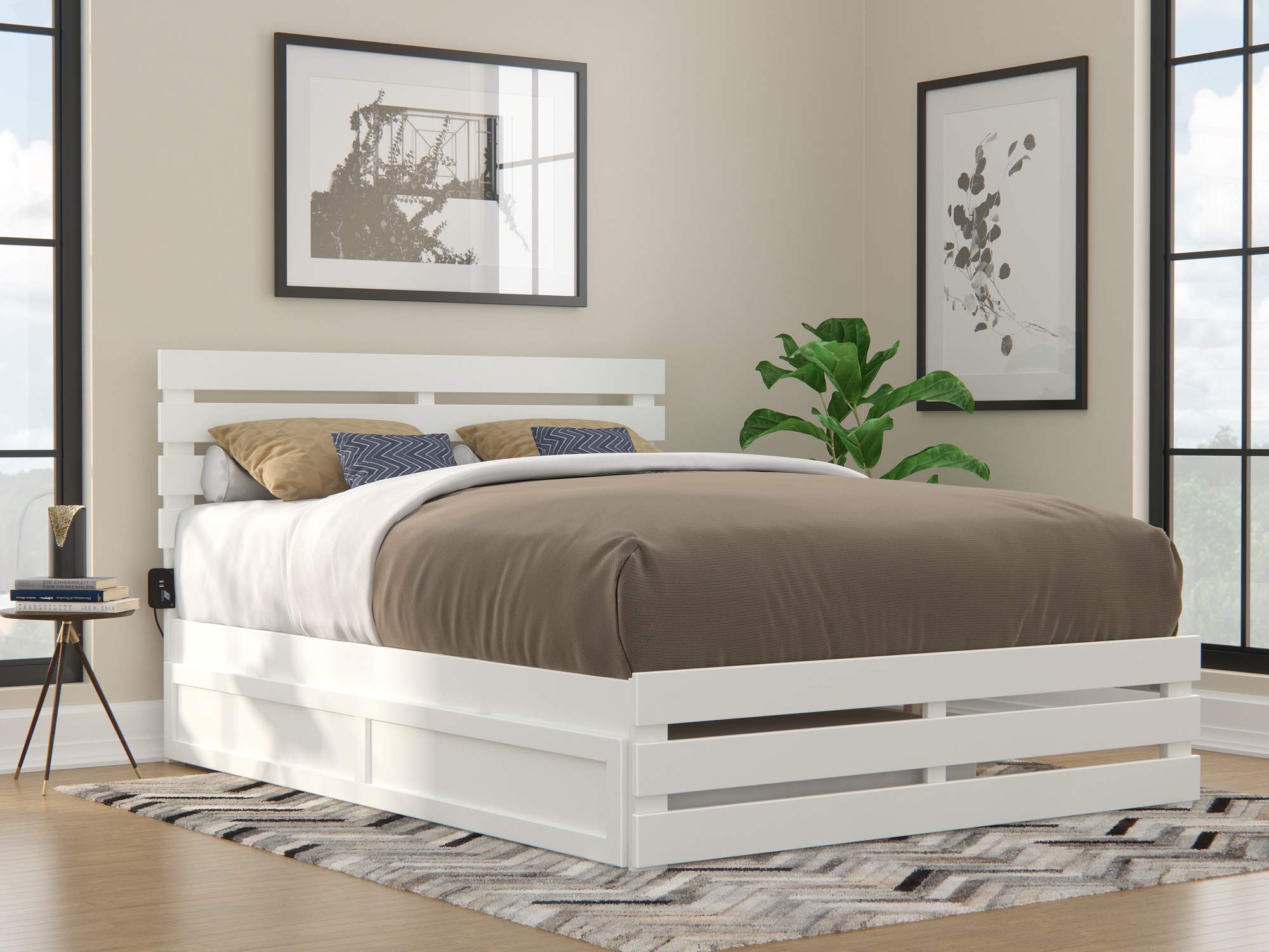 AFI Oxford Queen Size Platform Bed with Footboard & Twin XL Trundle in White - Modern Bedroom Furniture for Small Spaces, Guest Rooms & Kids Rooms