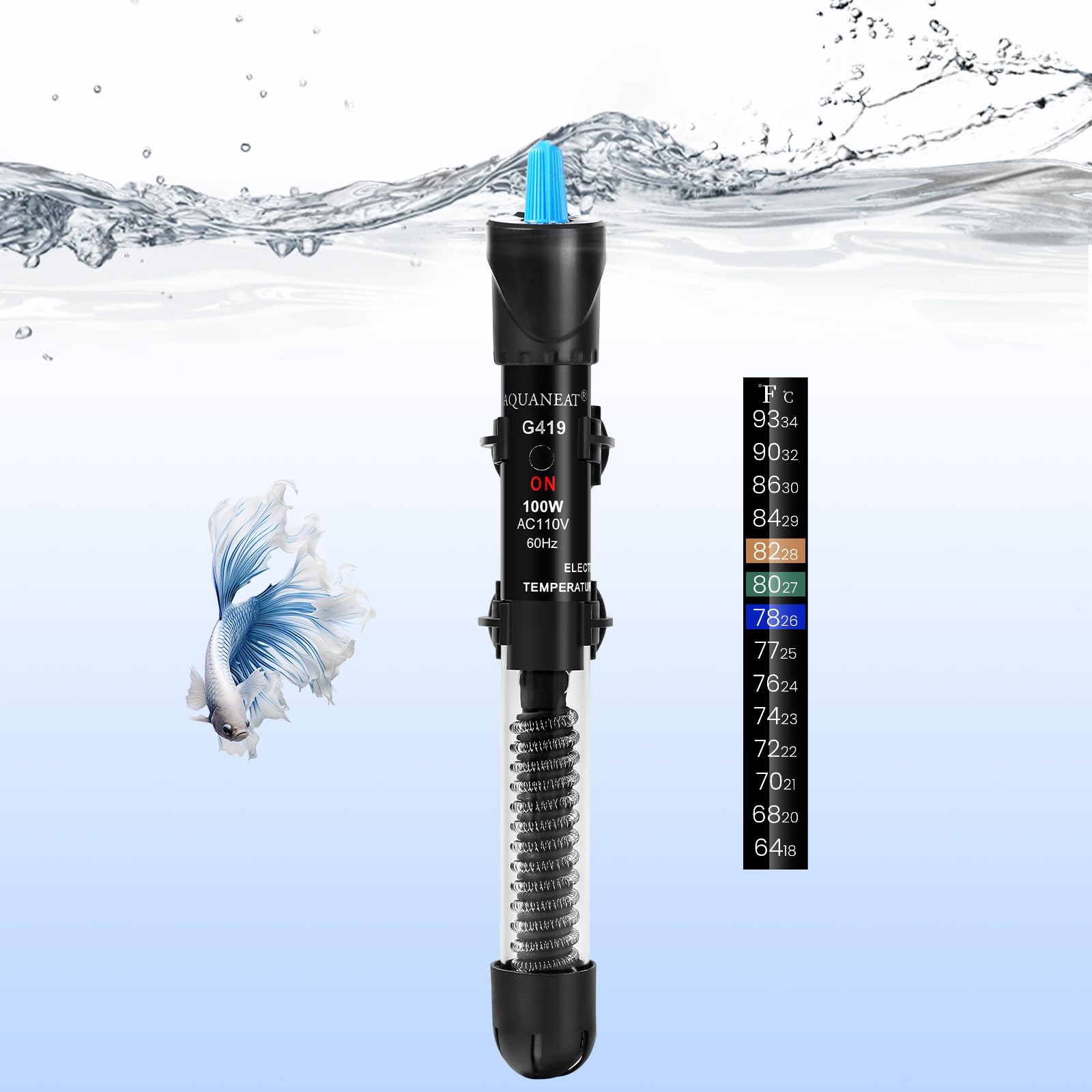 AQUANEAT 100W Submersible Aquarium Heater with Adjustable Thermostat & Thermometer - Perfect for Freshwater & Saltwater Fish Tanks, Tropical Fish, and Aquatic Pets