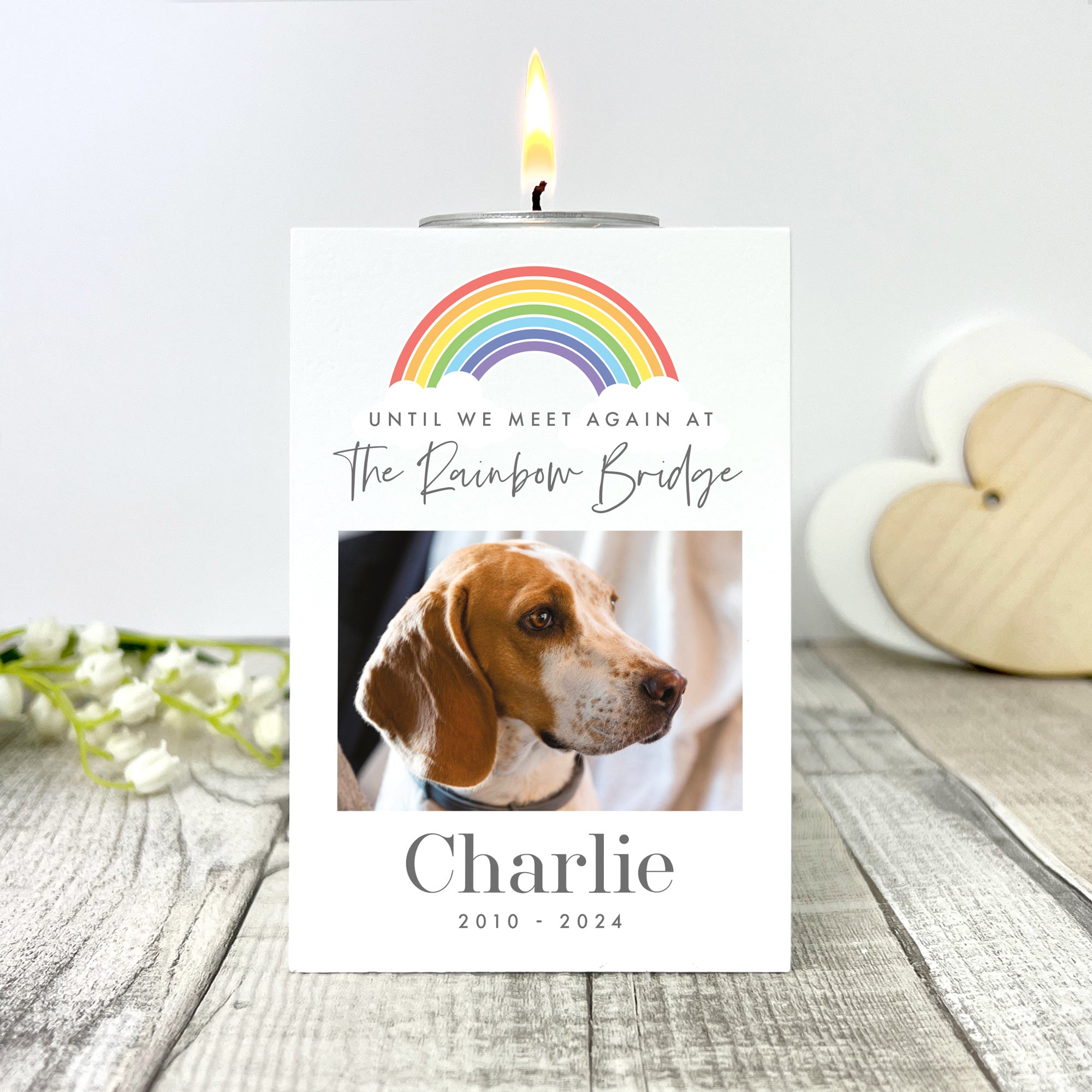 Personalized Pet Memorial Photo Tea Light Holder - Until We Meet Again Candle Holder for Dog Cat Remembrance, Sympathy Gifts & Memorial Decor (Home, Funeral, Graveside)
