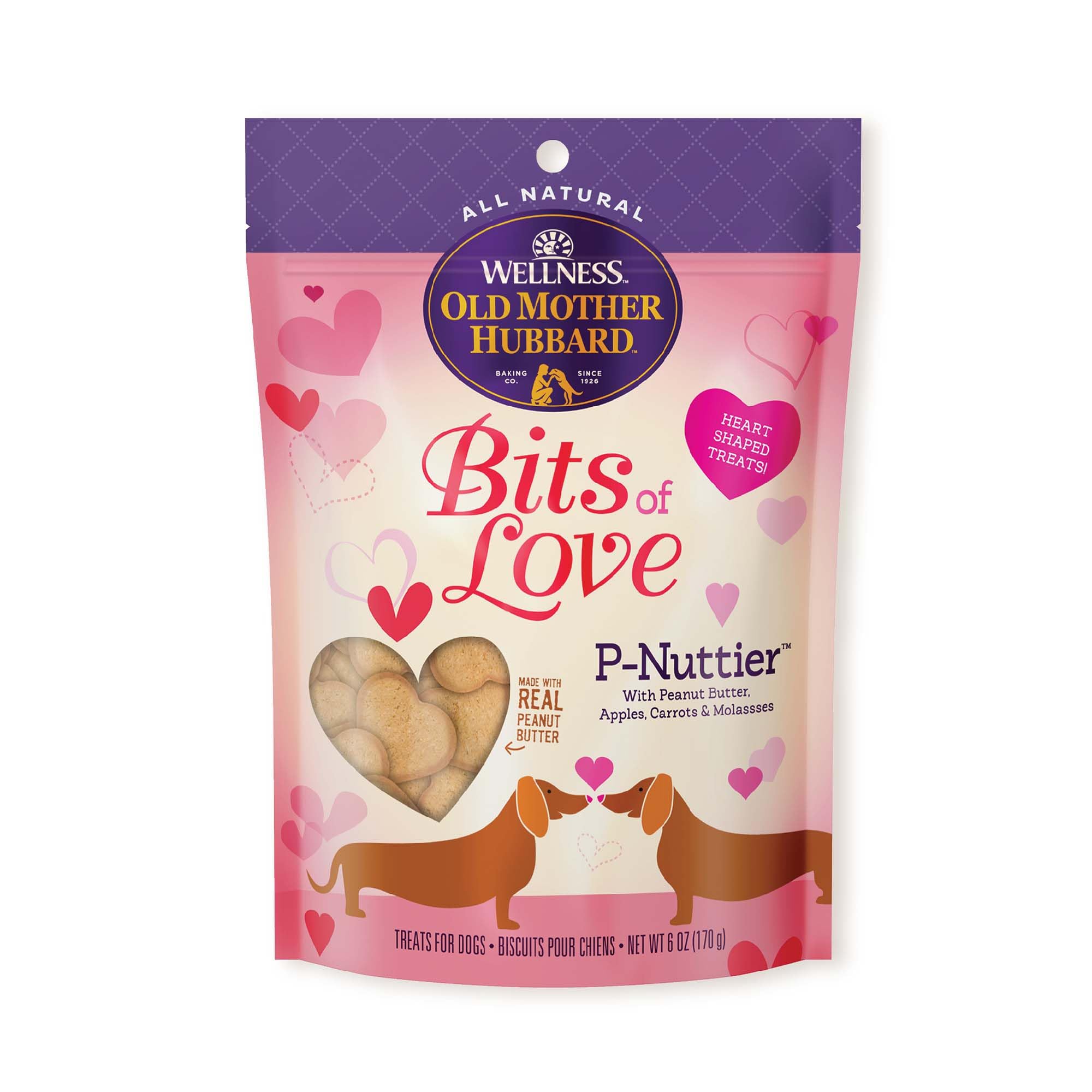 Old Mother Hubbard Wellness Bits of Love P-Nuttier Natural Peanut Butter Dog Treats - 6oz Bag | Healthy Valentine's Day Dog Biscuits | Grain-Free Training Rewards for Small & Large Dogs | Perfect for Special Occasions, Birthday Gifts & Daily Snacks