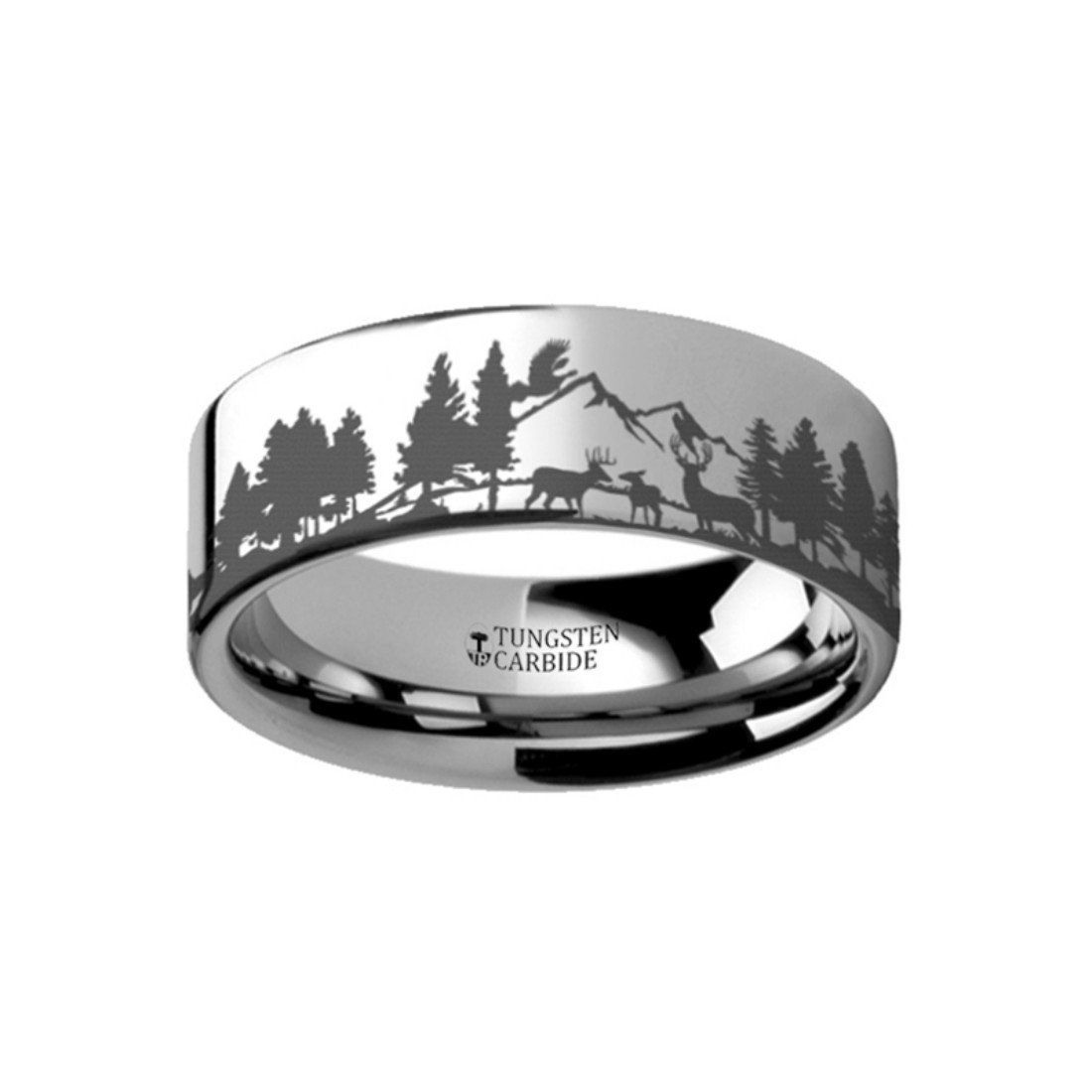Tungsten Wedding Band for Men - 6mm Wide Reindeer Deer Stag Mountain Landscape Ring - Durable Animal Nature Design for Outdoor Enthusiasts & Nature Lovers - Perfect for Hiking, Camping & Adventure Weddings