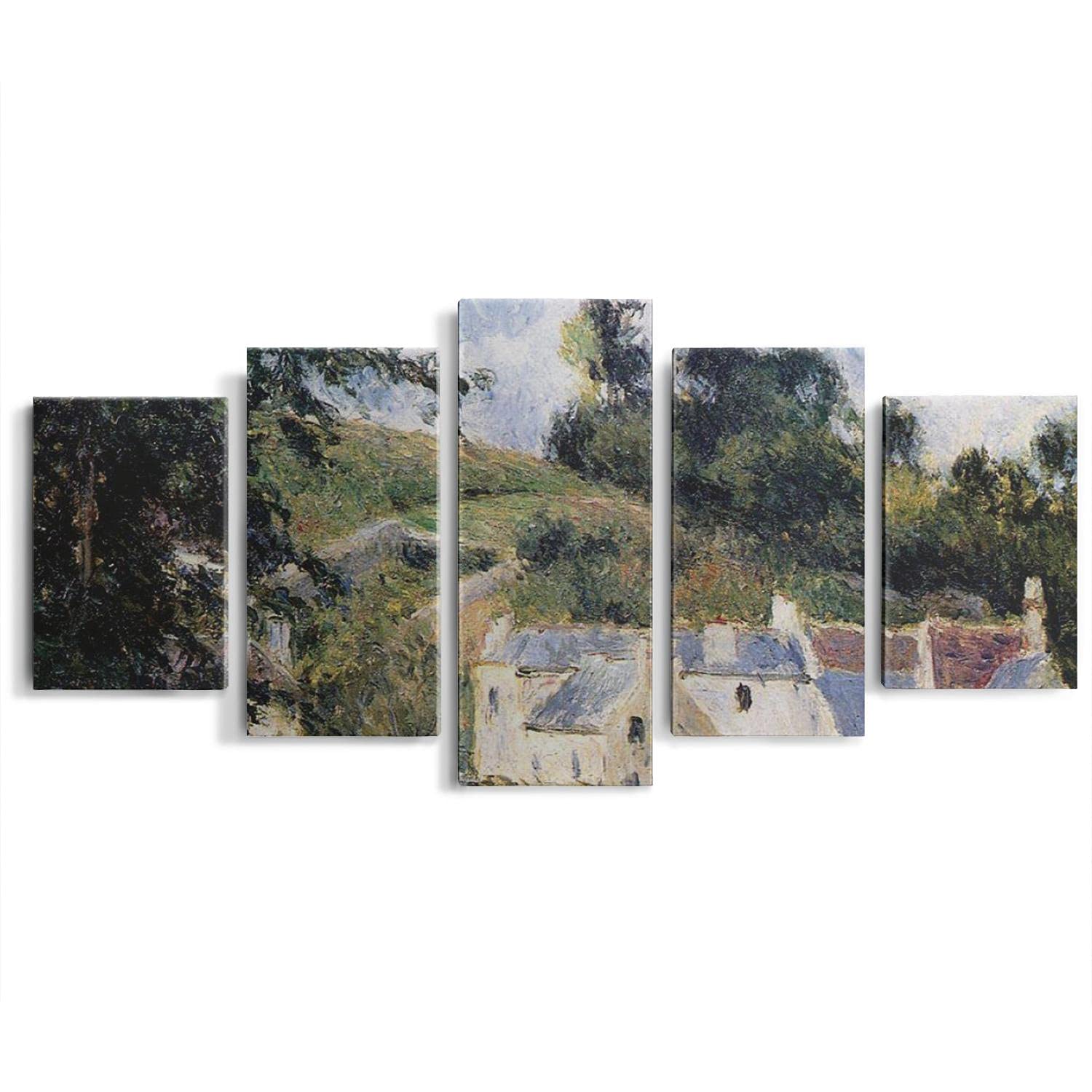 5-Piece Framed Canvas Wall Art - Camille Pissarro 'Houses of the Hermitage, Pontoise' Painting Reproduction for Living Room, Bedroom & Office Decor | Ready-to-Hang Artwork for Home & Office