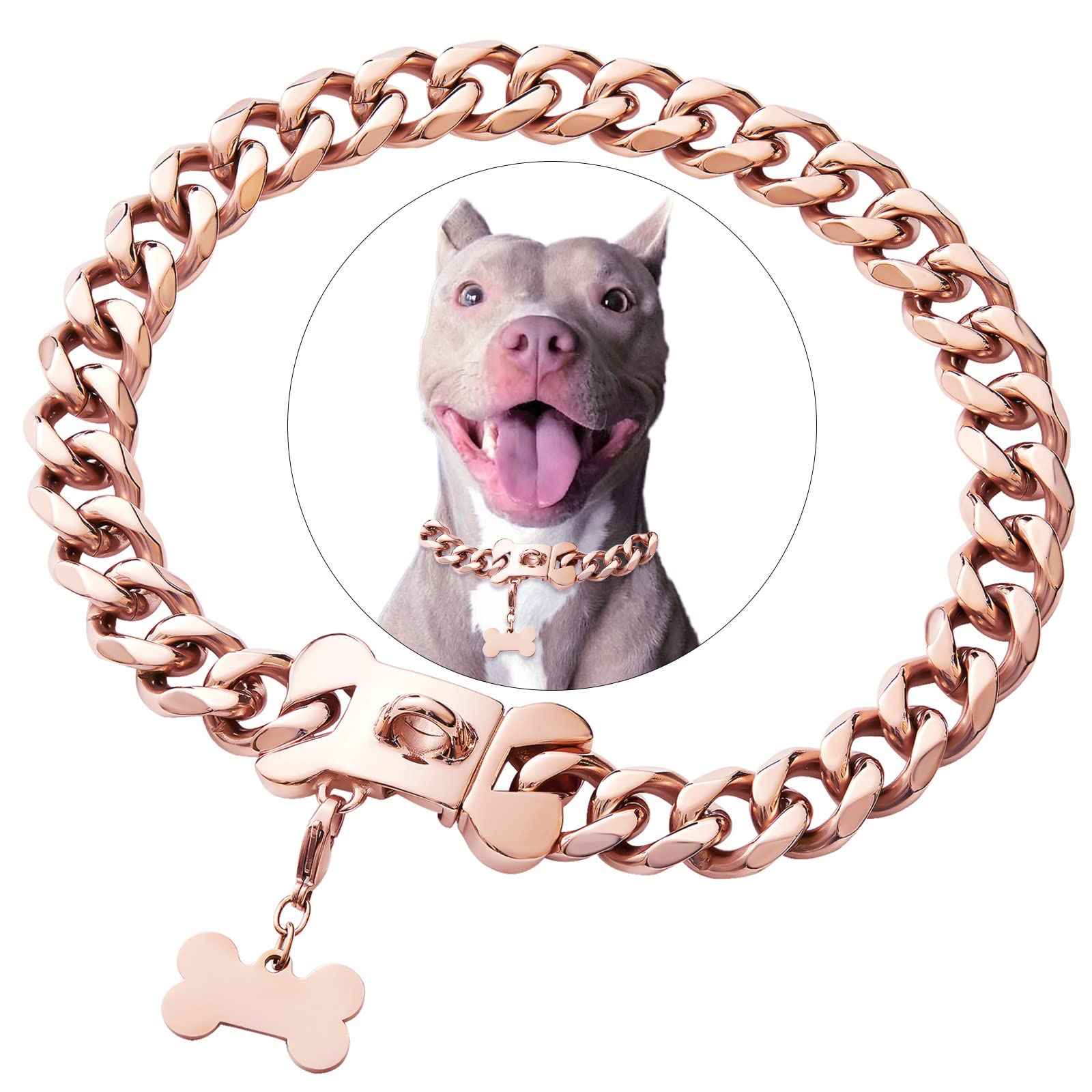 Rose Gold Stainless Steel Cuban Link Heavy Duty Dog Collar Necklace - Adjustable Safety Buckle for Small, Medium & Large Dogs - Perfect for American Bully, French Bulldog & Pitbulls - Stylish & Durable for Daily Walks, Training & Fashion Accessories