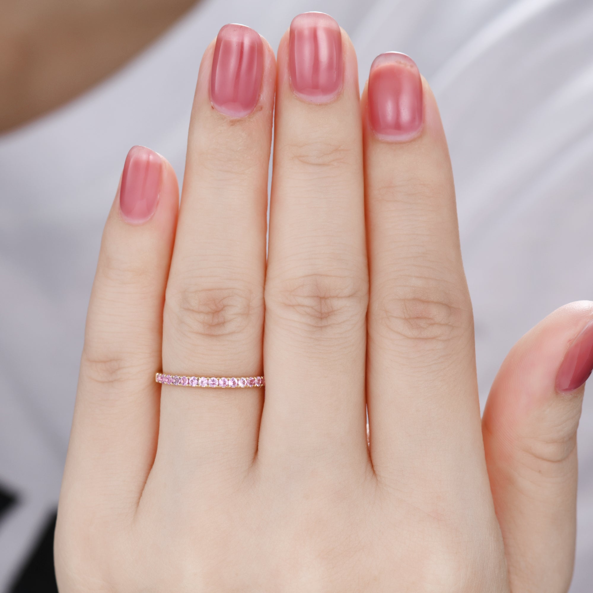 Natural Pink Sapphire Wedding Ring - 14k Rose Gold Half Eternity Band with Micro Pave (1.5mm) | Perfect for Engagement, Anniversary & Bridal Jewelry Gifts