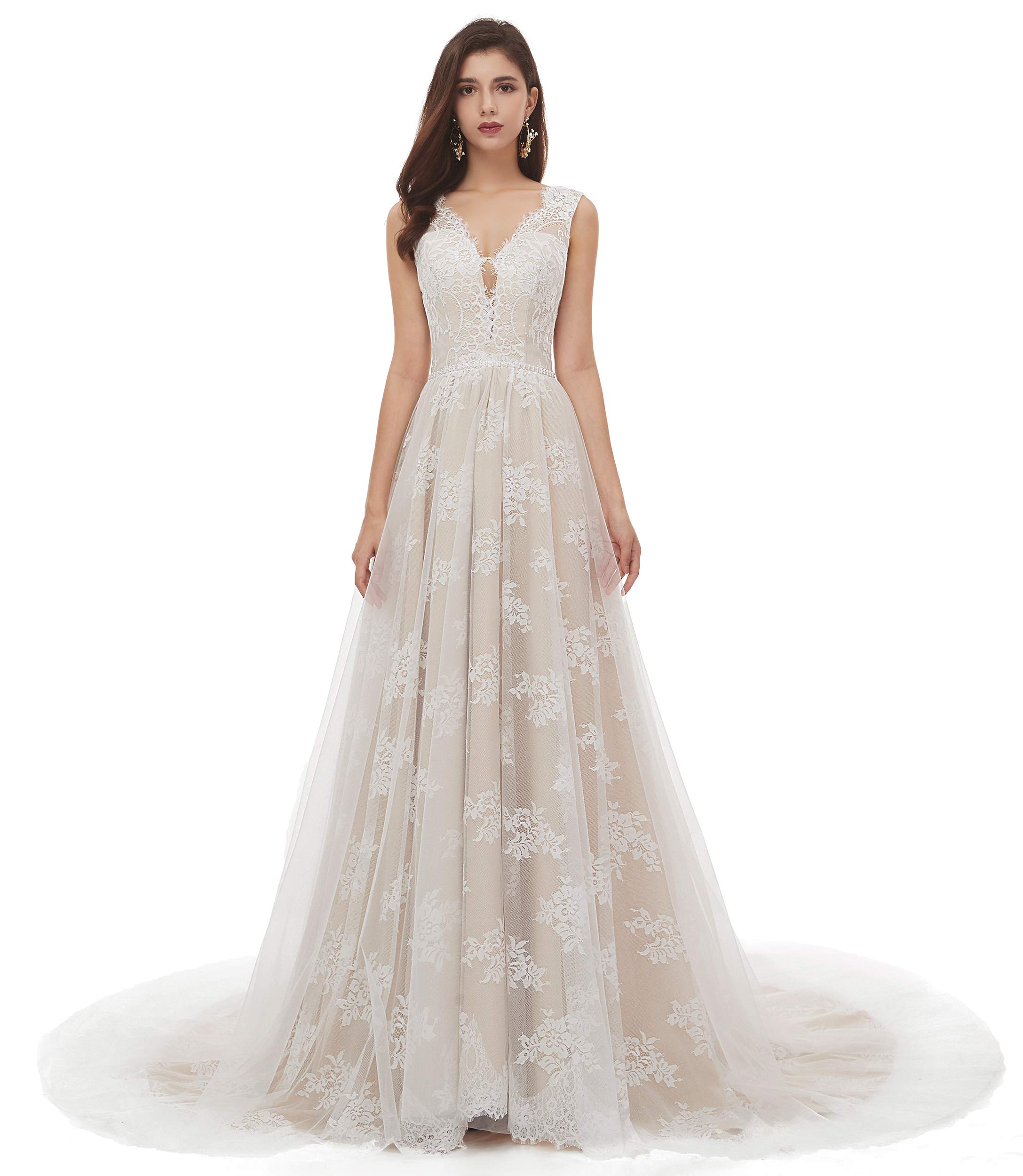 Elegant V-Neck A-Line Lace Tulle Beach Wedding Dress for Women - Perfect for Bridal Ceremonies, Beach Weddings, and Romantic Photoshoots