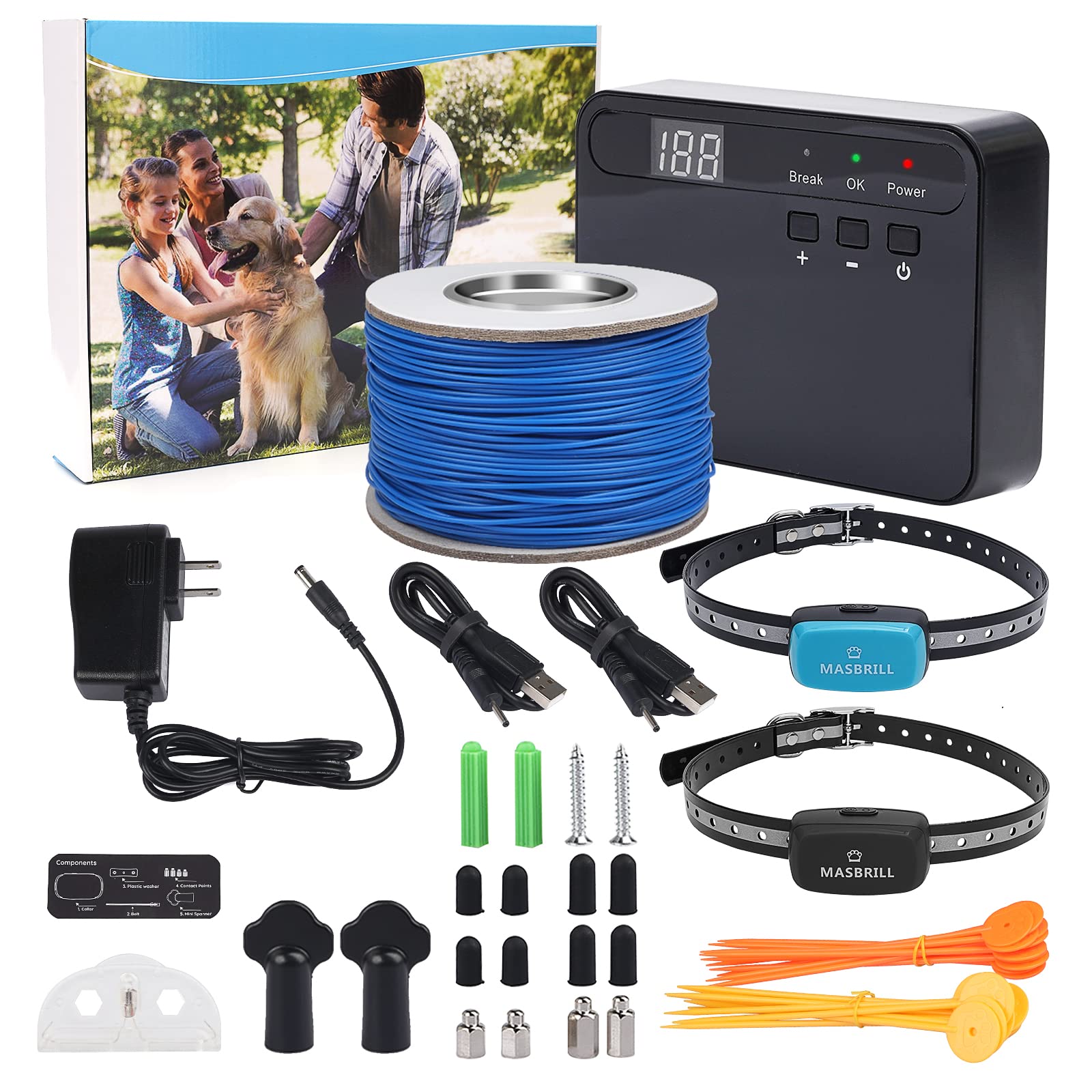MASBRILL Electric Dog Fence - Aboveground & Underground Pet Containment System with Rechargeable Waterproof Collar (Tone/Static Shock Correction, 2 Collars Included) - Ideal for Backyard, Farm & Large Property Dog Training