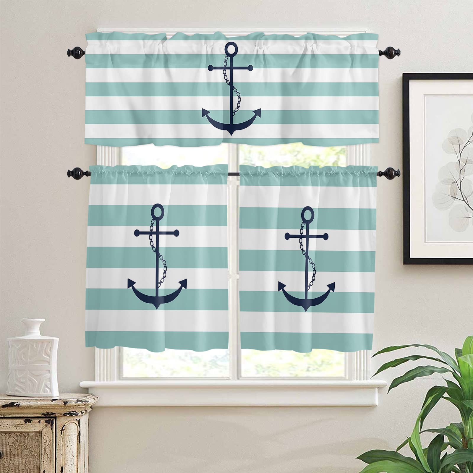 Teal Geometric Stripes Marine Anchor Kitchen Curtains Set with Valances - 24 Inch Length Rod Pocket Tier Curtains in Ocean Turquoise Pattern - Perfect for Cafe, Bedroom, and Coastal-Themed Windows