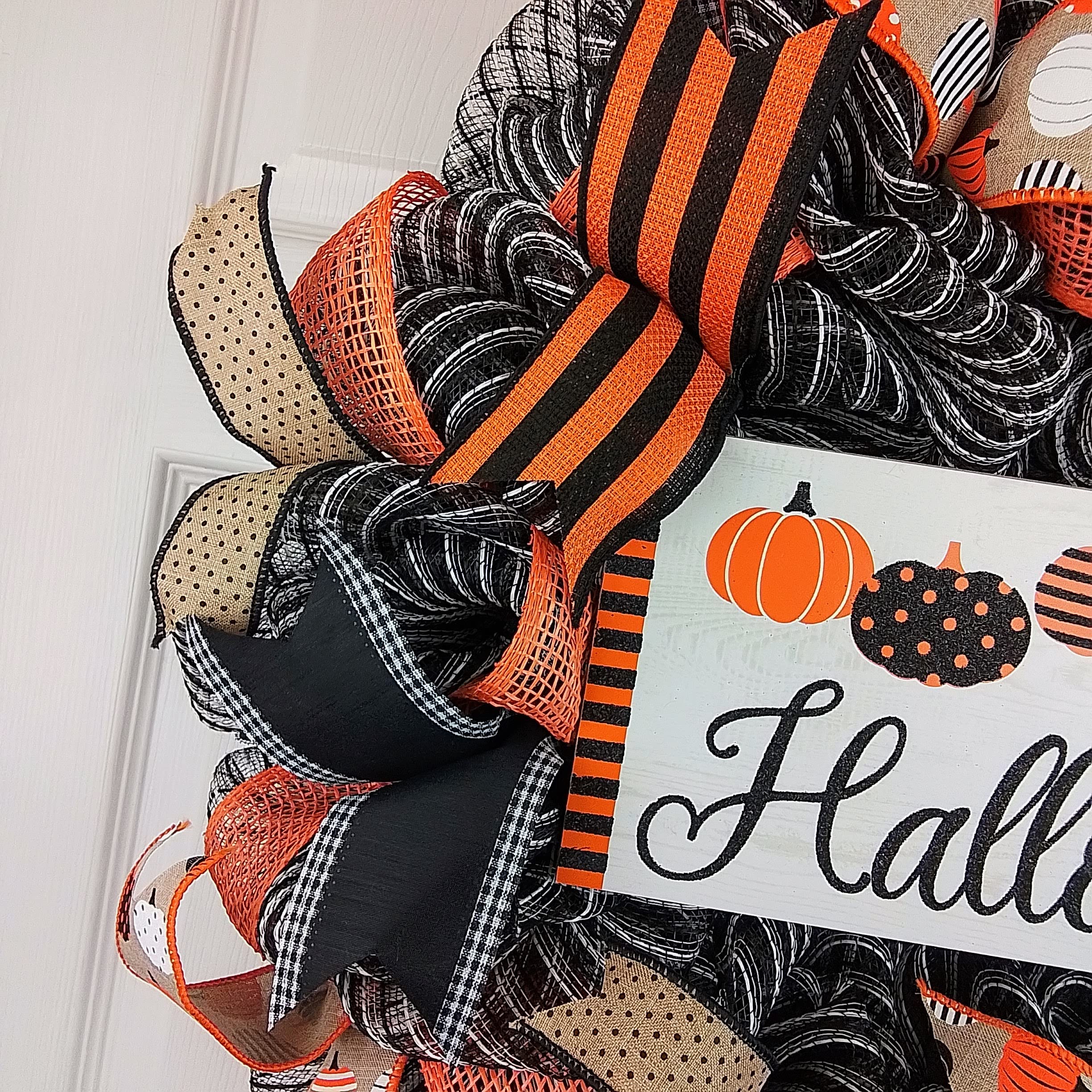 Happy Halloween Wreath - Pumpkin Door Wreath Decor for Halloween & Thanksgiving - Orange Black White Burlap Stripe Jack O Lantern Wreath - Perfect for Front Door, Office & Home Halloween Decorations