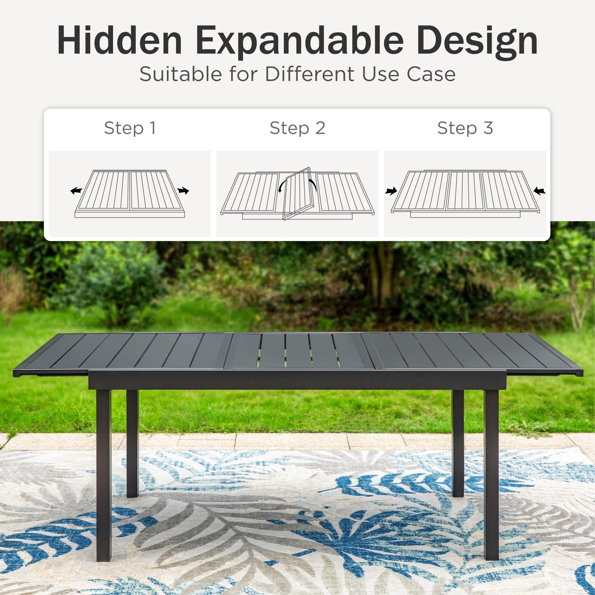 PHI VILLA 9-Piece Outdoor Patio Dining Set for 8 - Expandable Rectangular Metal Table with Rattan Cushioned Chairs - Weather-Resistant Garden Furniture for Backyard, Deck, Poolside & Outdoor Entertaining
