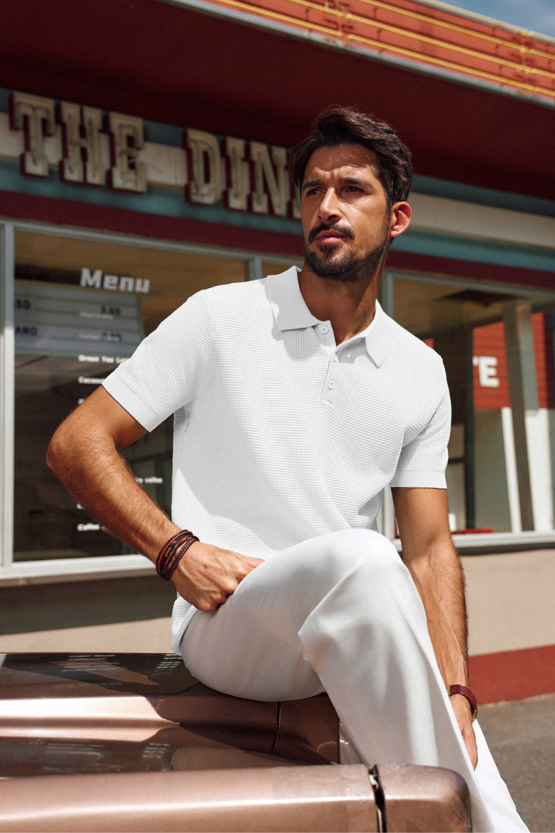 Men's Waffle Textured Polo Shirt - Short Sleeve Button Up Collar Shirt for Casual Wear | Office, Golf & Summer Outfits