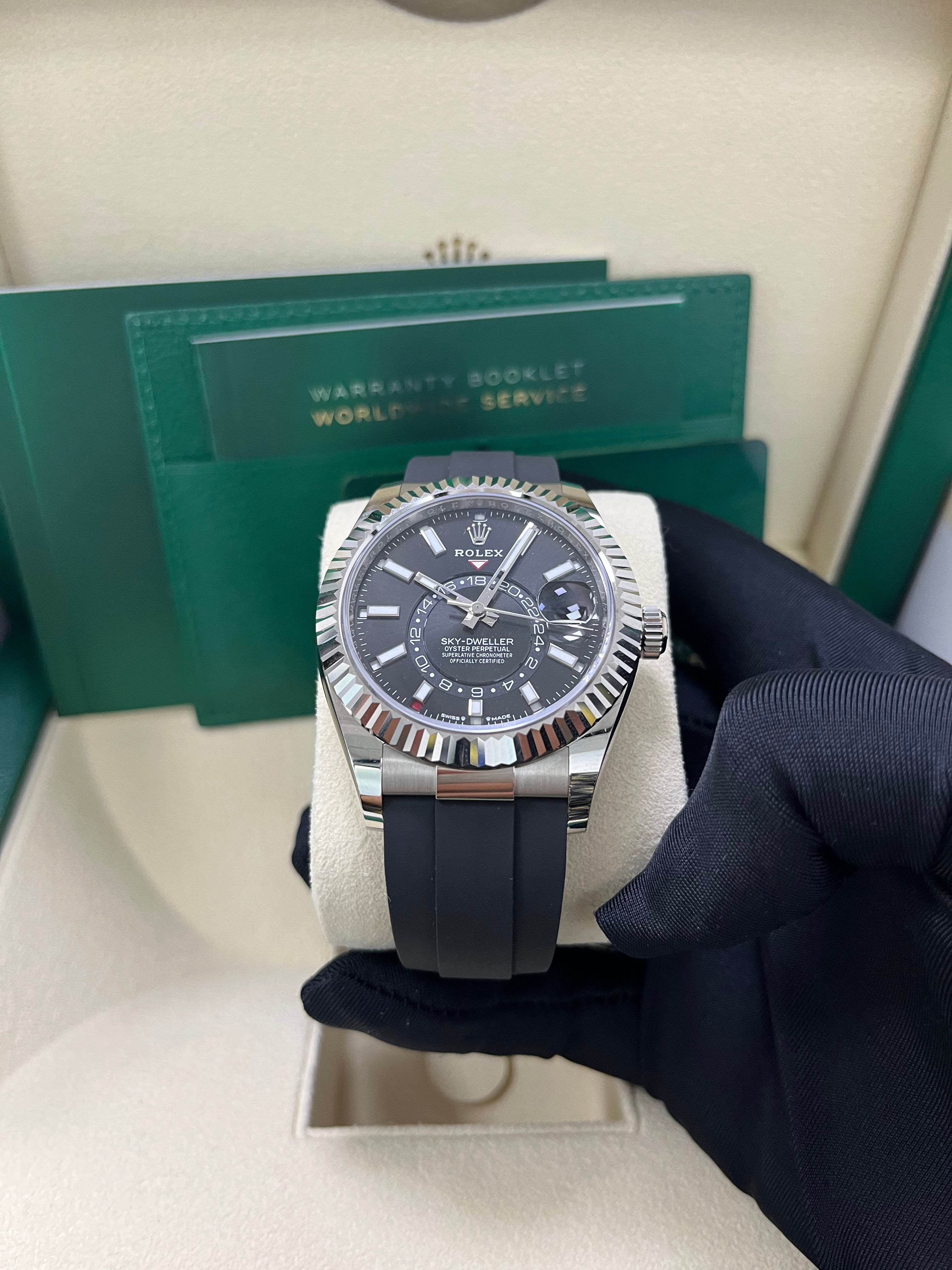Rolex Sky-Dweller 42mm White Gold Watch with Fluted Bezel, Black Index Dial & Oysterflex Strap Ref. 336239 - Luxury GMT Master for Travel & Business Professionals