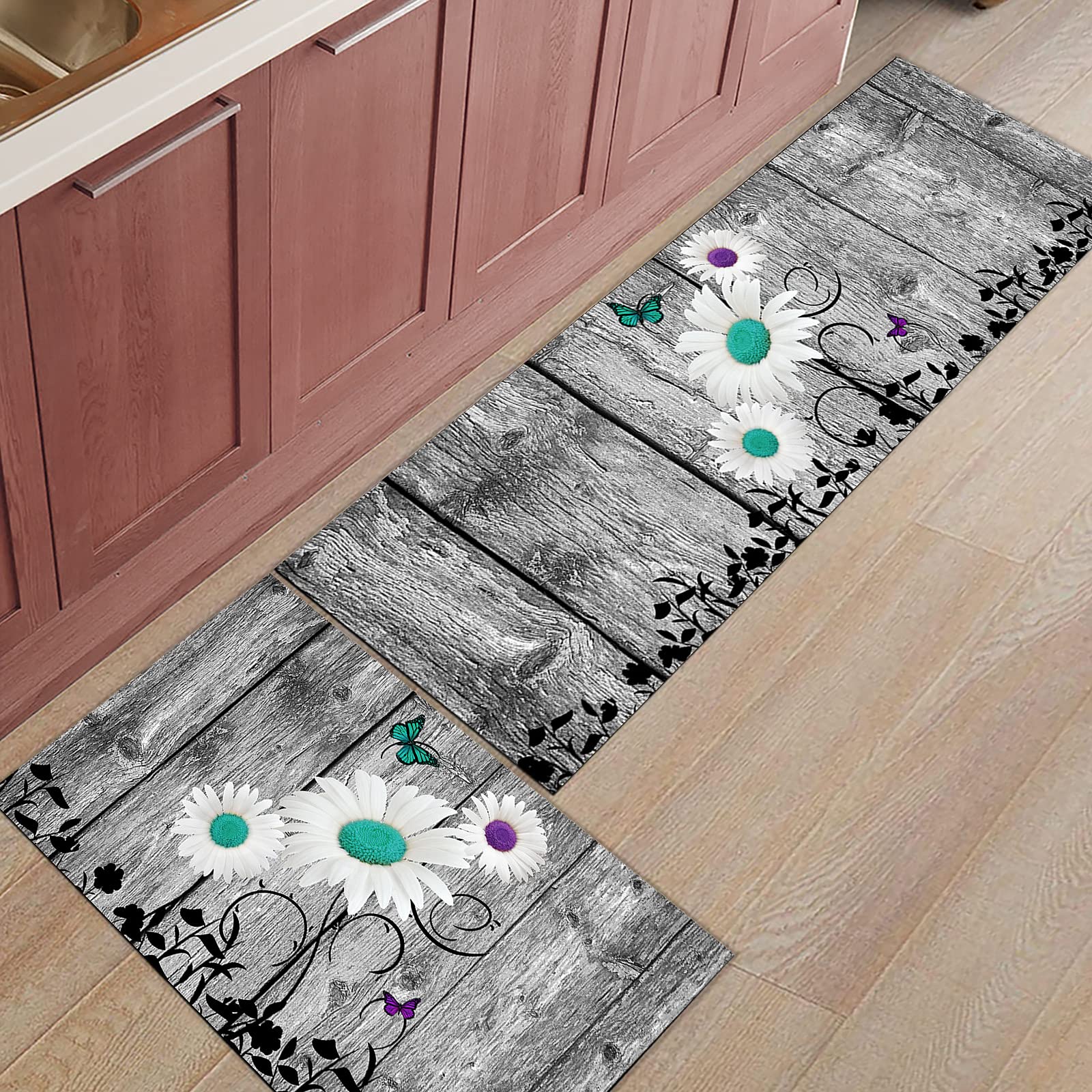 Vintage Daisy Print Kitchen Rugs Set of 2 - Non-Slip Absorbent Farmhouse Floor Mats with Rubber Backing, Teal & Purple Retro Design (19.7