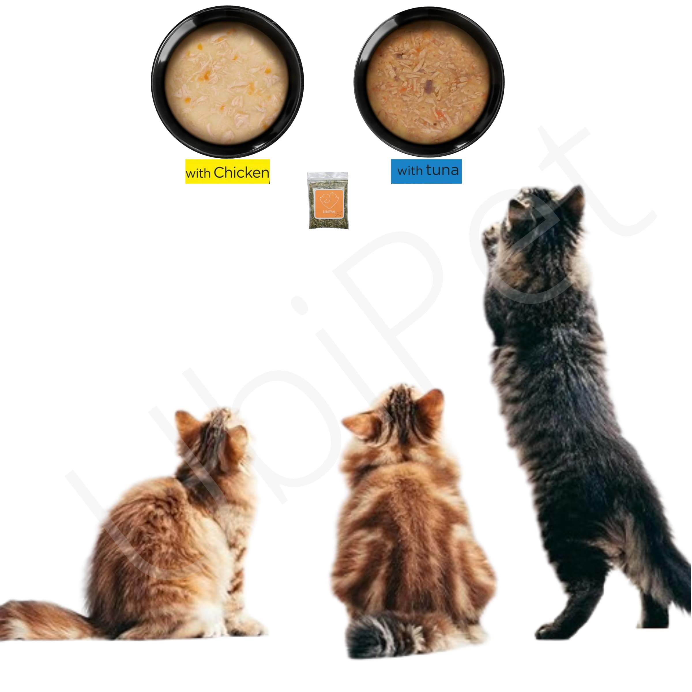 Premium Cat Soup Mini Bundle - Chicken & Tuna Flavor (16 Pouches x 40g) with Free Catnip & UbiPet Lint Roller - Wet Food Topper for Picky Eaters, Perfect for Travel & Daily Feeding