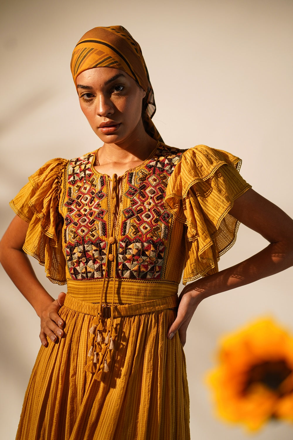 Maxi Dress with Yoke Embroidered Detail and Adjustable Belt - Perfect for Summer Weddings, Beach Vacations & Boho Chic Outfits