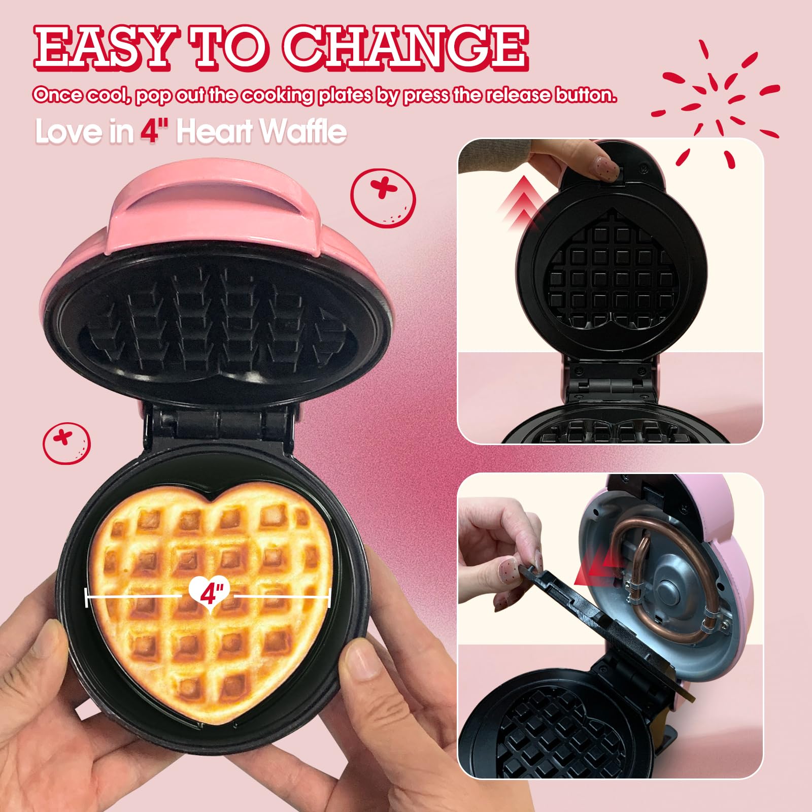 Mini Waffle Maker with 6 Removable Plates - 3-in-1 Multi-Function Heart Waffle Iron for Keto Diet, Kids & Family - 4
