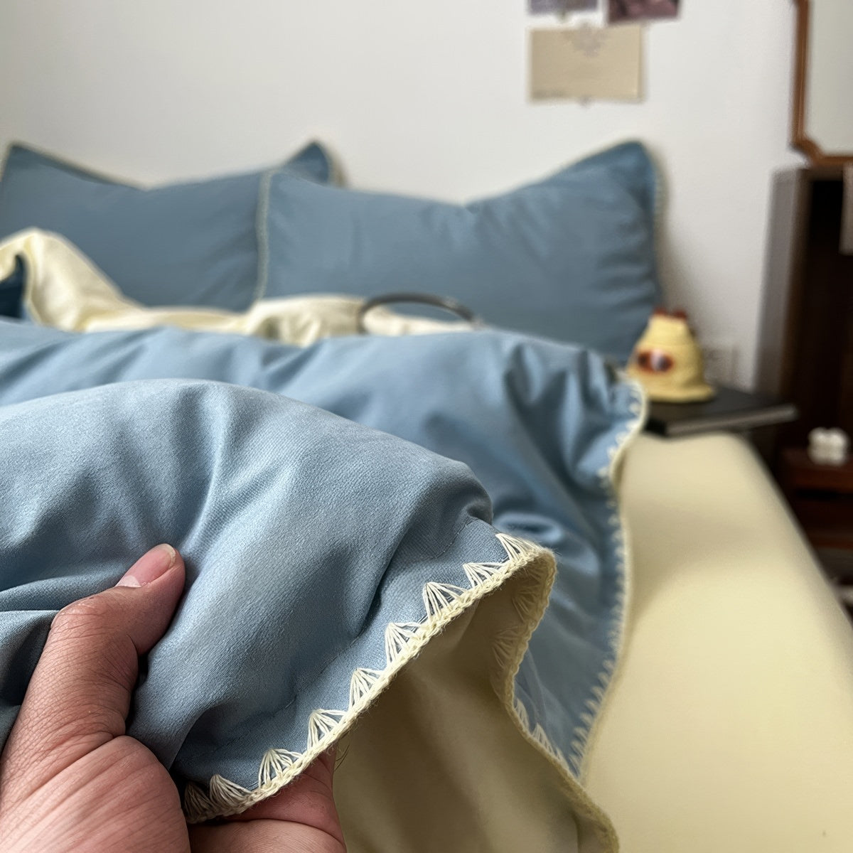 Stitched Edge Sage Blue Minimalist Bedding Set - Queen Size 4-Piece Cotton Duvet Cover Set with Pillowcases - Perfect for Modern Bedrooms & Cozy Home Decor
