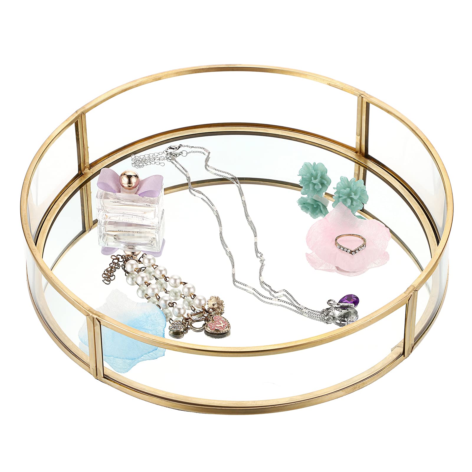 ELLDOO Gold Round Glass Vanity Tray - Decorative Mirror Jewelry & Perfume Organizer for Dresser, Makeup Display, and Home Decor | Perfect for Bedroom, Bathroom & Gift Giving