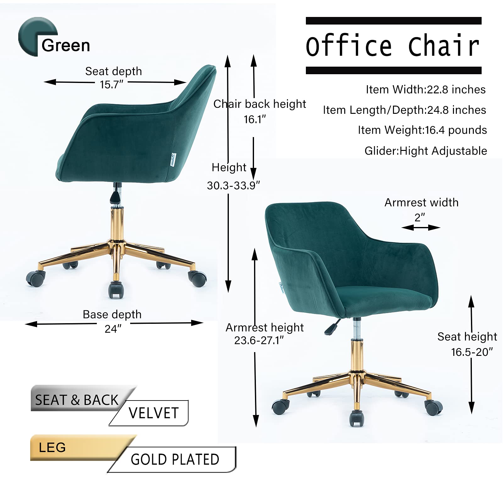 Velvet Vanity Chair - Adjustable Swivel Desk Chair with Golden Legs for Home Office, Makeup Dressing Table & Bedroom Decor - Stylish Task Chair for Women's Workspace & Living Room
