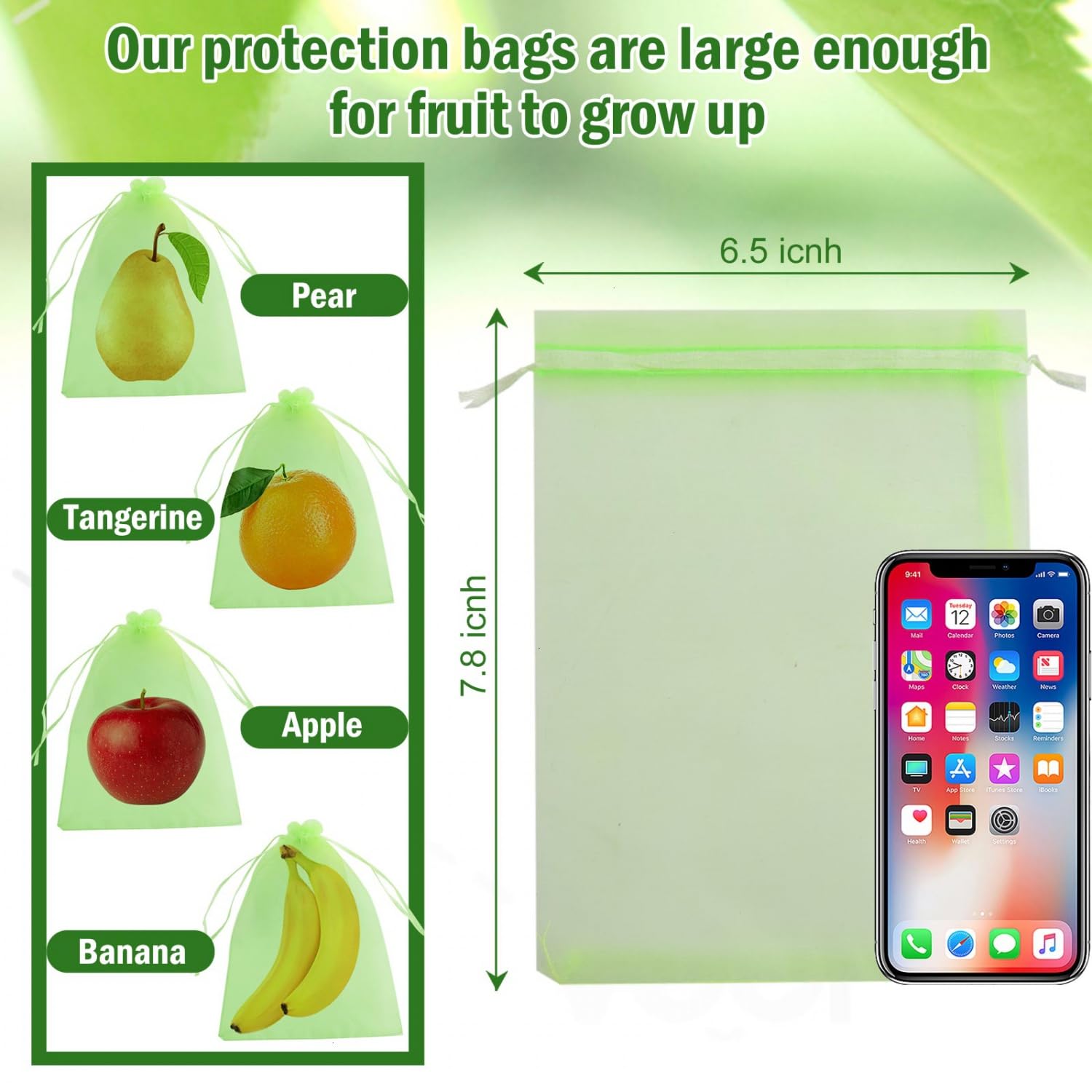 June Fox 50 Pcs 6x9 Inch Reusable Mesh Fruit Protection Bags with Drawstring - Breathable Garden Netting Covers for Mangoes, Tomatoes, Apples & Vegetables - Ideal for Organic Gardening & Pest Control (Green)