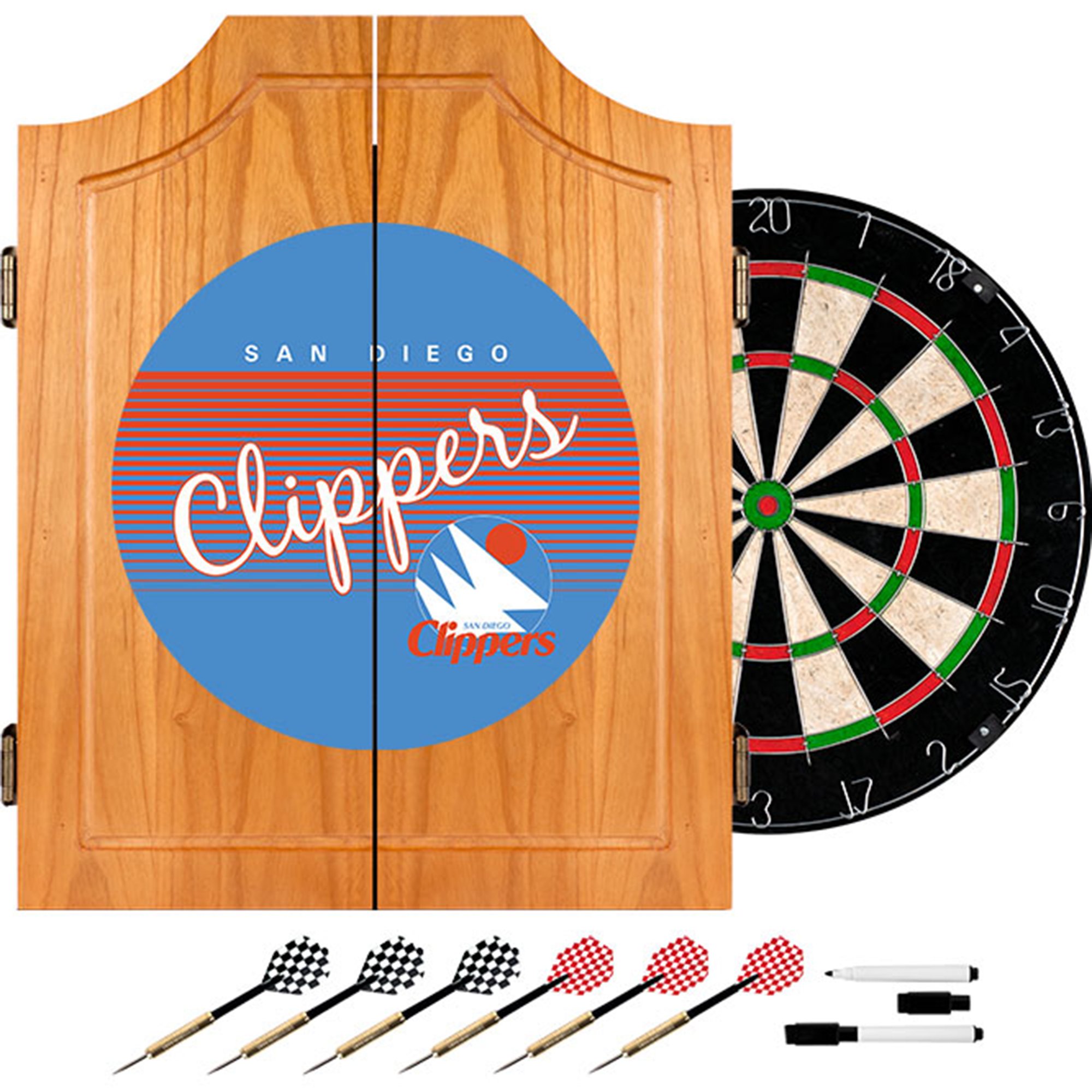 NBA San Diego Clippers Wooden Dartboard Cabinet - Regulation Size Brown - Perfect for Game Rooms, Man Caves & Sports Bars