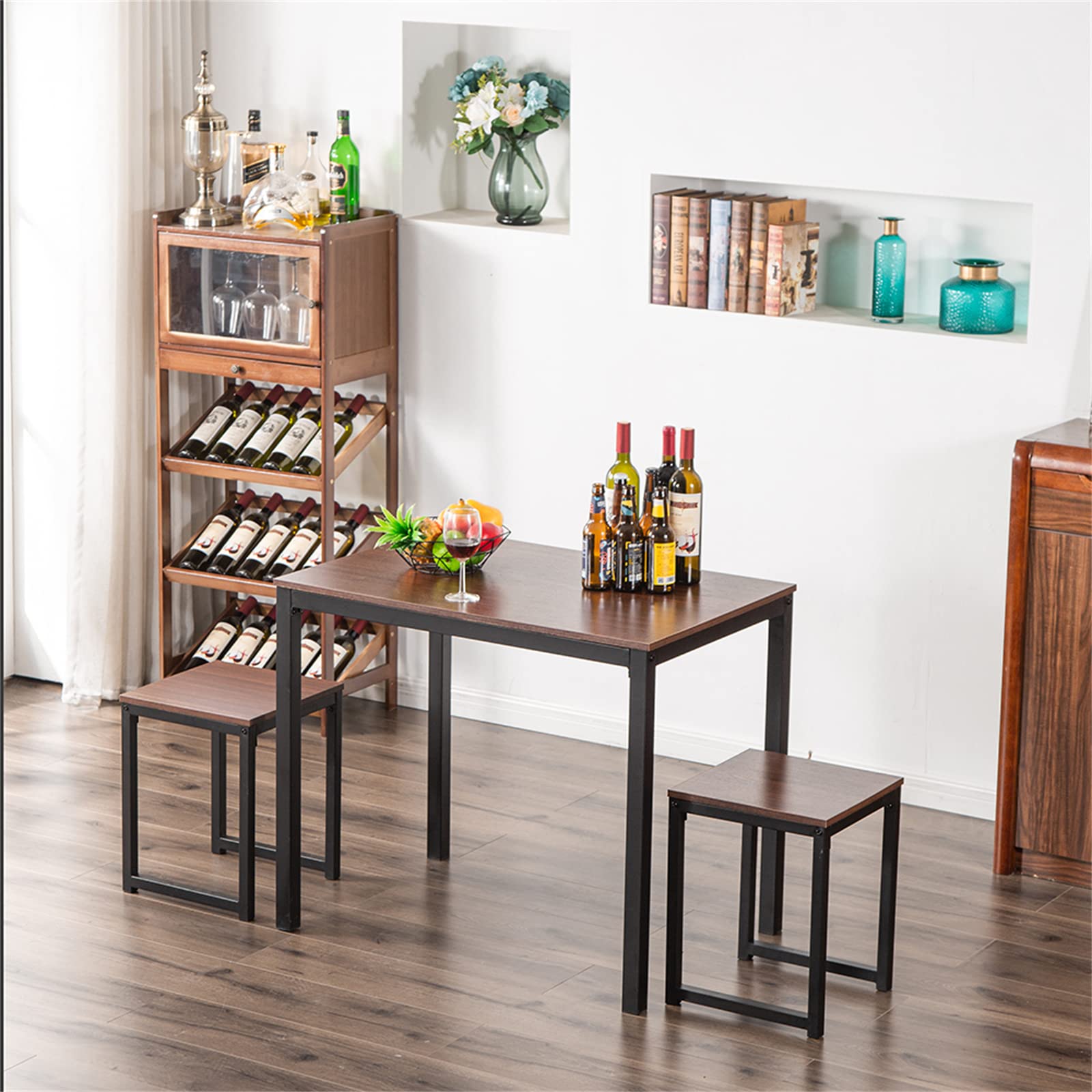 Modern 3-Piece Bar Table Set with Wood Grain Tabletop & Black Metal Frame - Kitchen, Cafe & Pub Height Dining Set (Walnut) | Perfect for Small Spaces, Breakfast Nooks & Coffee Shops