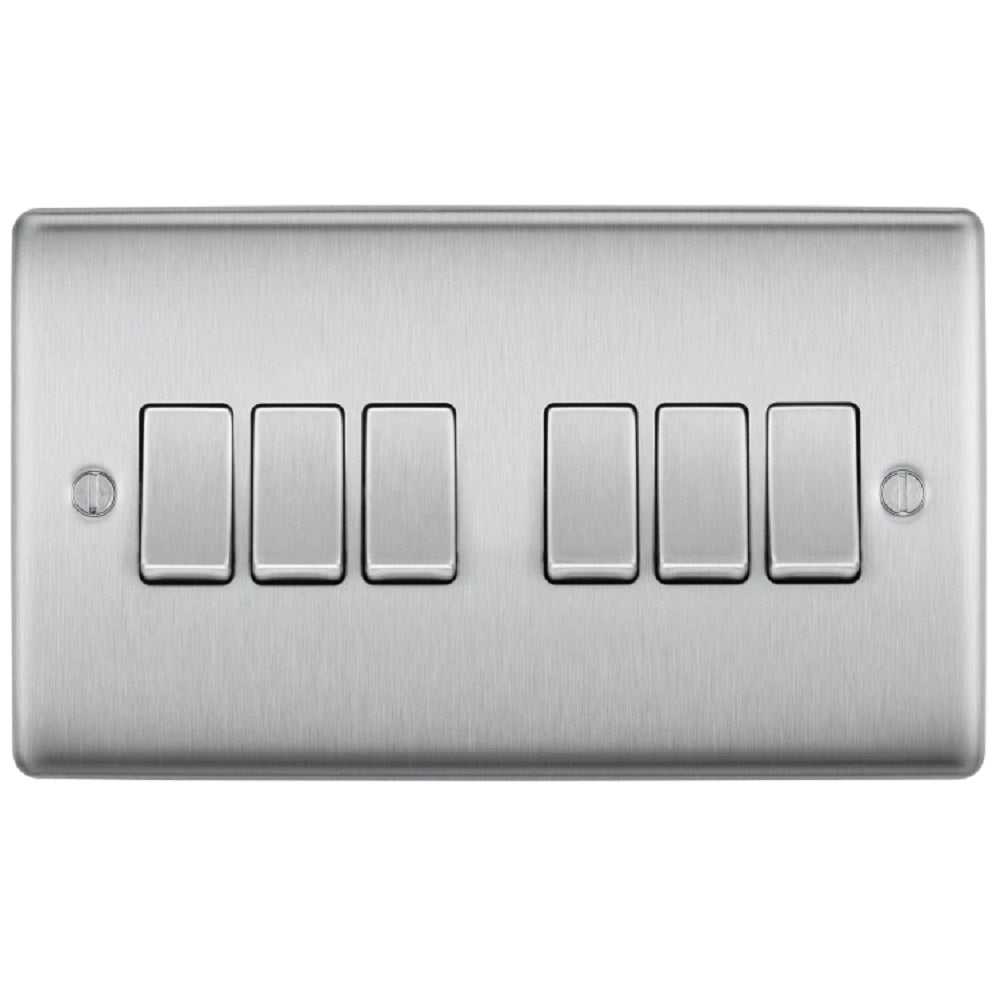 BG Nexus Metal Brushed Steel 6G 2W Light Switch NBS46 - Modern Electrical Wall Plate for Home & Office Decor