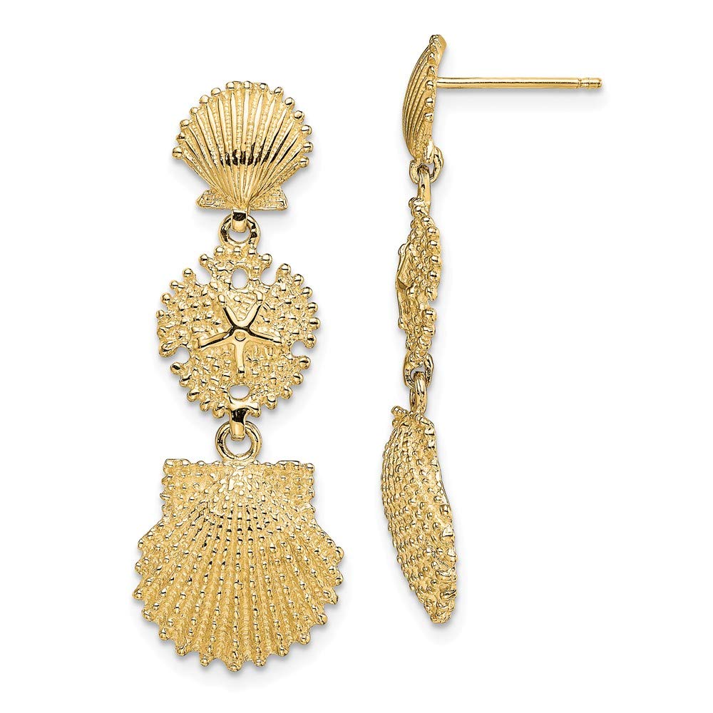 14K Yellow Gold Scallop Sand Dollar Dangle Earrings - Elegant Beach Jewelry for Women - Perfect for Vacation, Wedding, and Summer Outfits