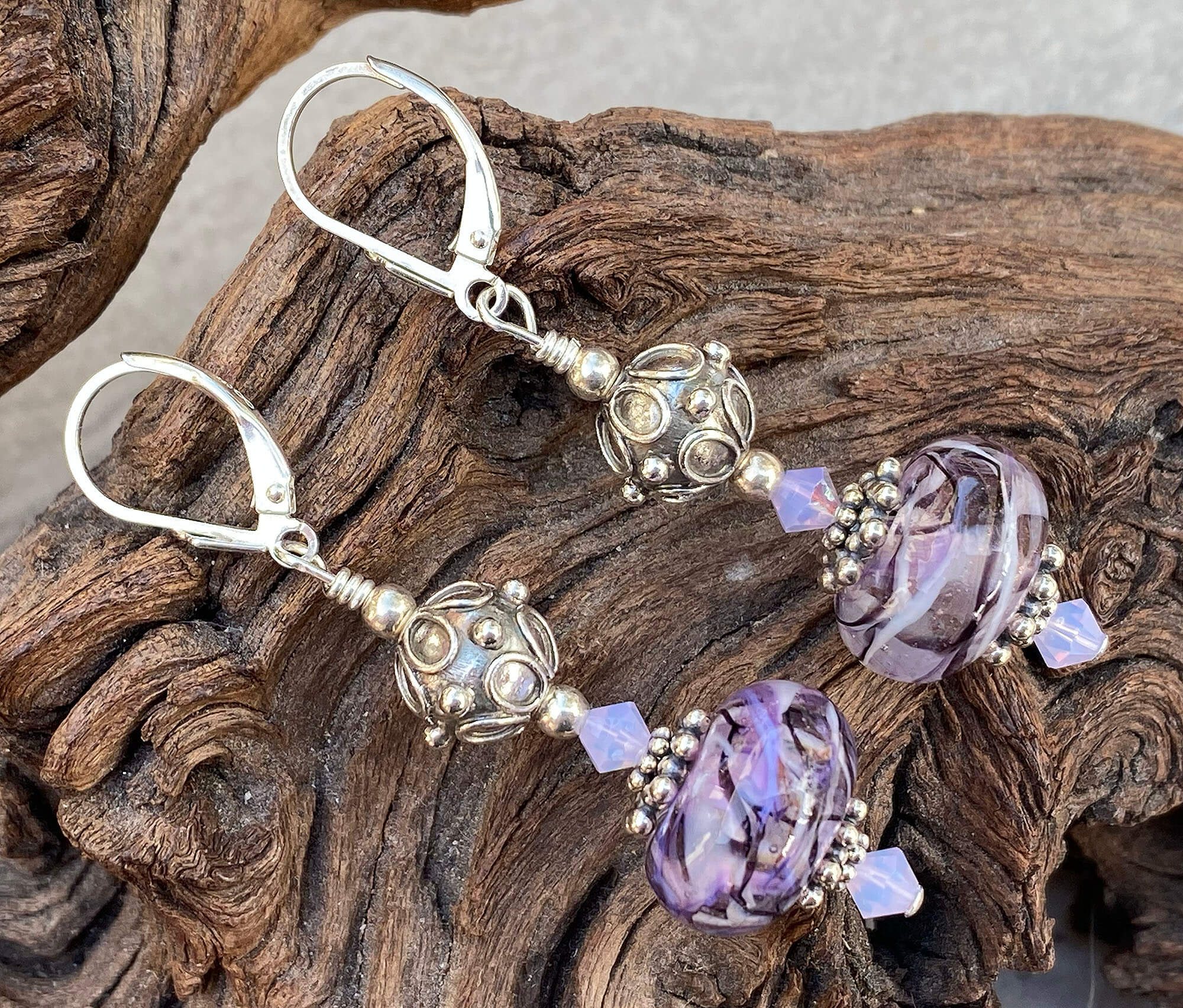 Handmade Purple Swirl Bali Lampwork Glass Earrings | Boho Beaded Dangle Earrings for Women | Perfect for Parties, Weddings & Special Occasions