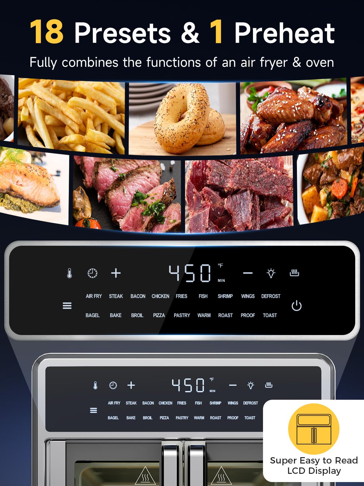 15.8QT Air Fryer Toaster Oven Combo with French Door - 18 Presets, Preheat & Interior Light - Includes Air Fryer Basket, Wire Rack, Baking Pan & Crumb Tray - Compact Stainless Steel Countertop Oven for Baking, Roasting & Healthy Air Frying
