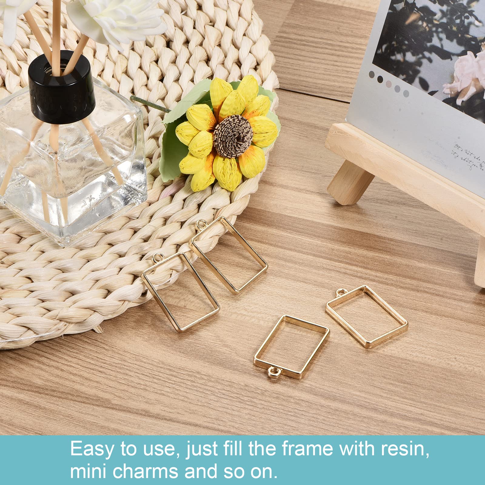 Meccanity 33x21mm Gold Tone Resin Pendant Frames - Rectangle Geometric Alloy Hollow Open Back Charms for DIY Jewelry Making (Pack of 30) | Perfect for Necklaces, Bracelets, Earrings & Craft Projects