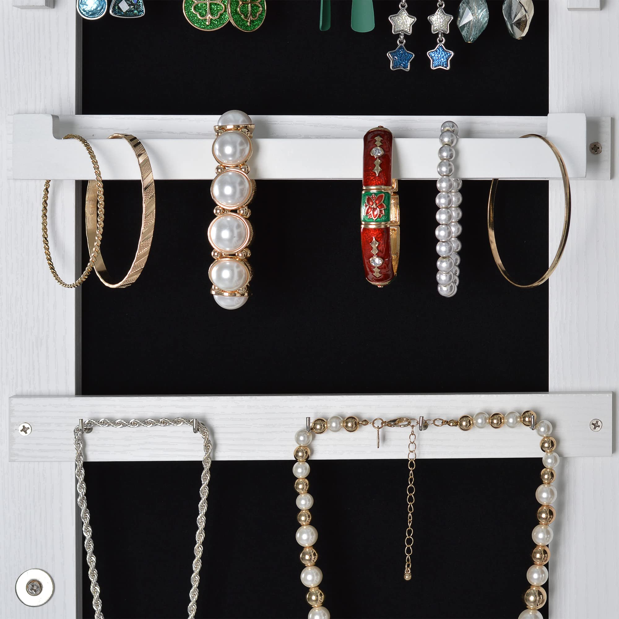 Hanging Mirror Jewelry Cabinet with Storage - Sliding Full Length Mirror Jewelry Armoire Organizer, Wall Mounted & Door Mounted with LED Lights - White - Perfect for Bedroom, Closet & Dressing Room Organization