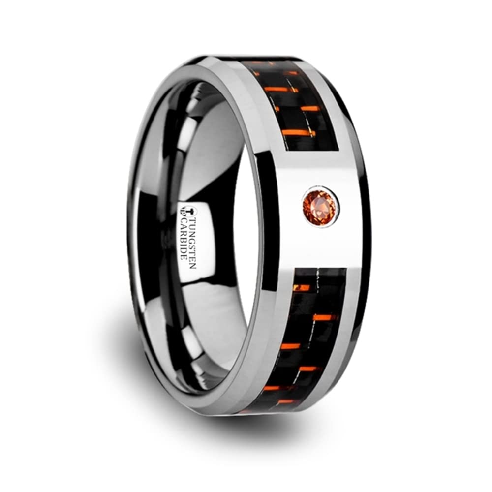 Roy Rose Jewelry Men's Tungsten Black & Orange Carbon Fiber Wedding Band with Padparadscha Gemstone - 8mm Polished Comfort Fit Ring - NOAH Style - Perfect for Engagement, Anniversary & Special Occasions