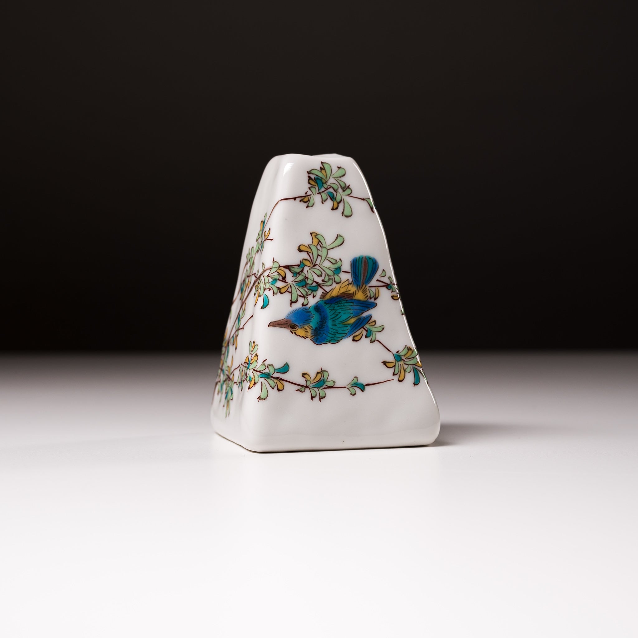 Kutani Ware Pyramid Shape Vase - Lucky Blue Bird Japanese Ceramic Flower Vase for Home Decor, Wedding Gift & Table Centerpiece