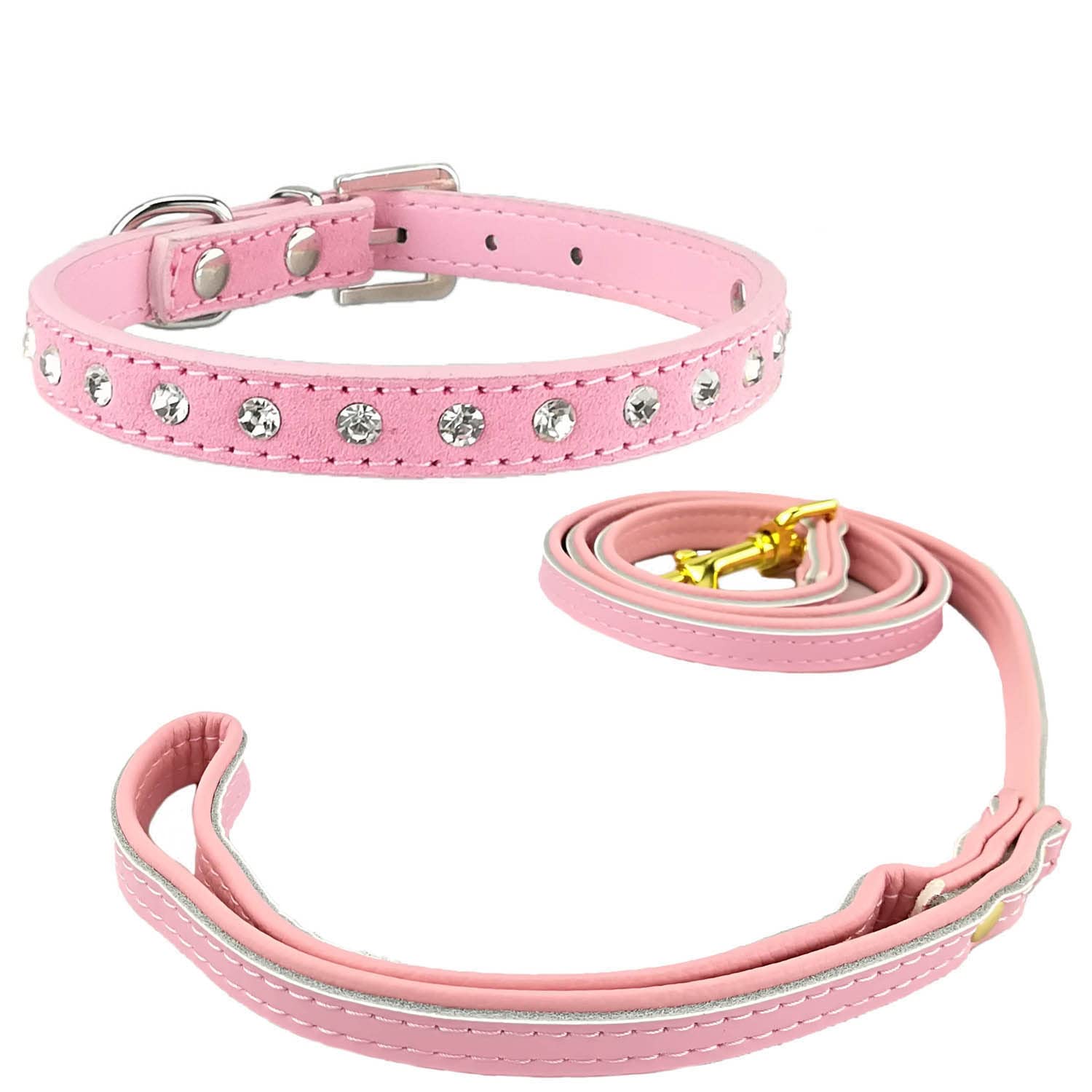 Stylish Suede Bling Dog Collar with Leather Leash for Small Dogs & Cats - Perfect for Daily Walks, Training & Fashion Accessories