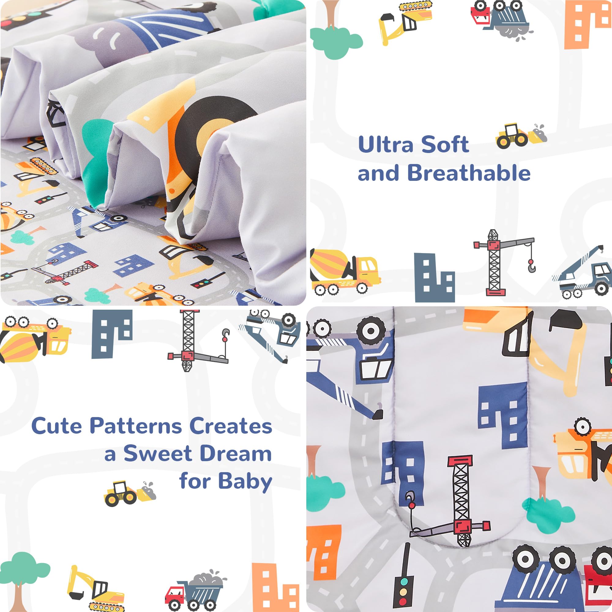 Lasoftan 4-Piece Construction Toddler Bedding Set for Boys - Excavator & Cars Printed, Super Soft Microfiber Comforter, Fitted Sheet, Pillowcase | Perfect for Kids' Room, Nursery & Daycare Use